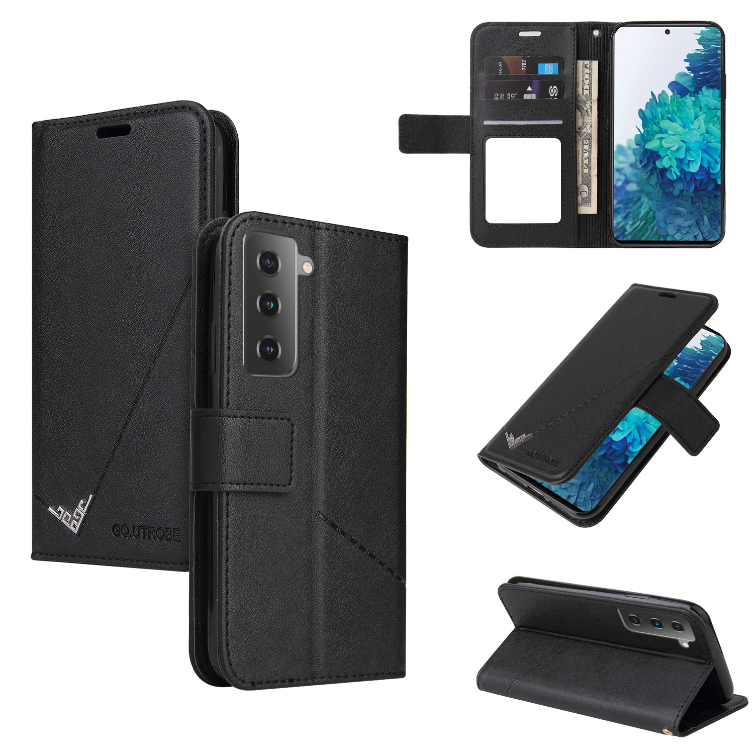 

GQ.UTROBE Metal Rectangular Decor Wallet Stand Leather Cover for Samsung Galaxy S21 5G - Black, Galaxy S21 5G