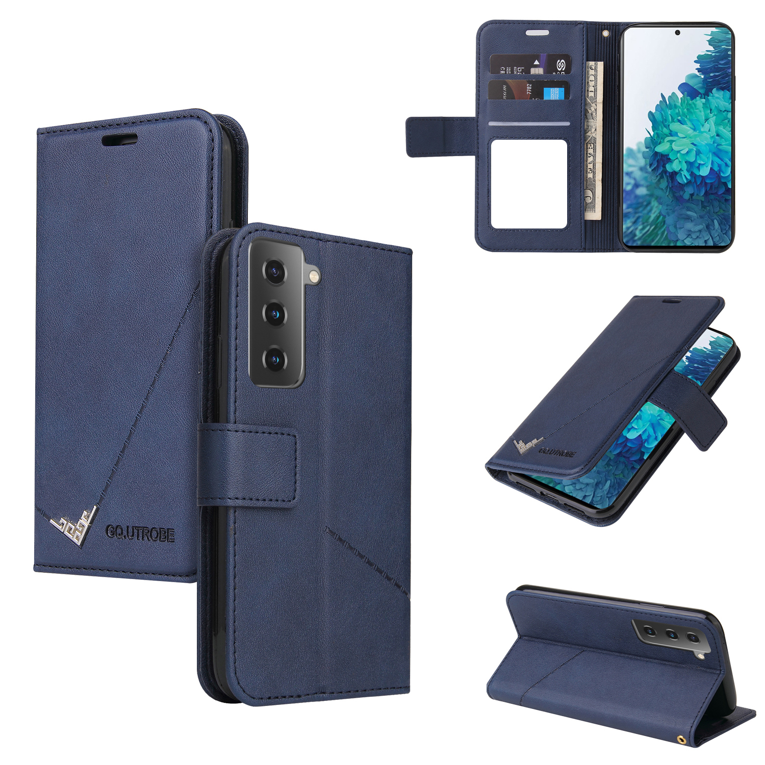 

GQ.UTROBE Metal Rectangular Decor Wallet Stand Leather Cover for Samsung Galaxy S21 5G - Blue, Galaxy S21 5G