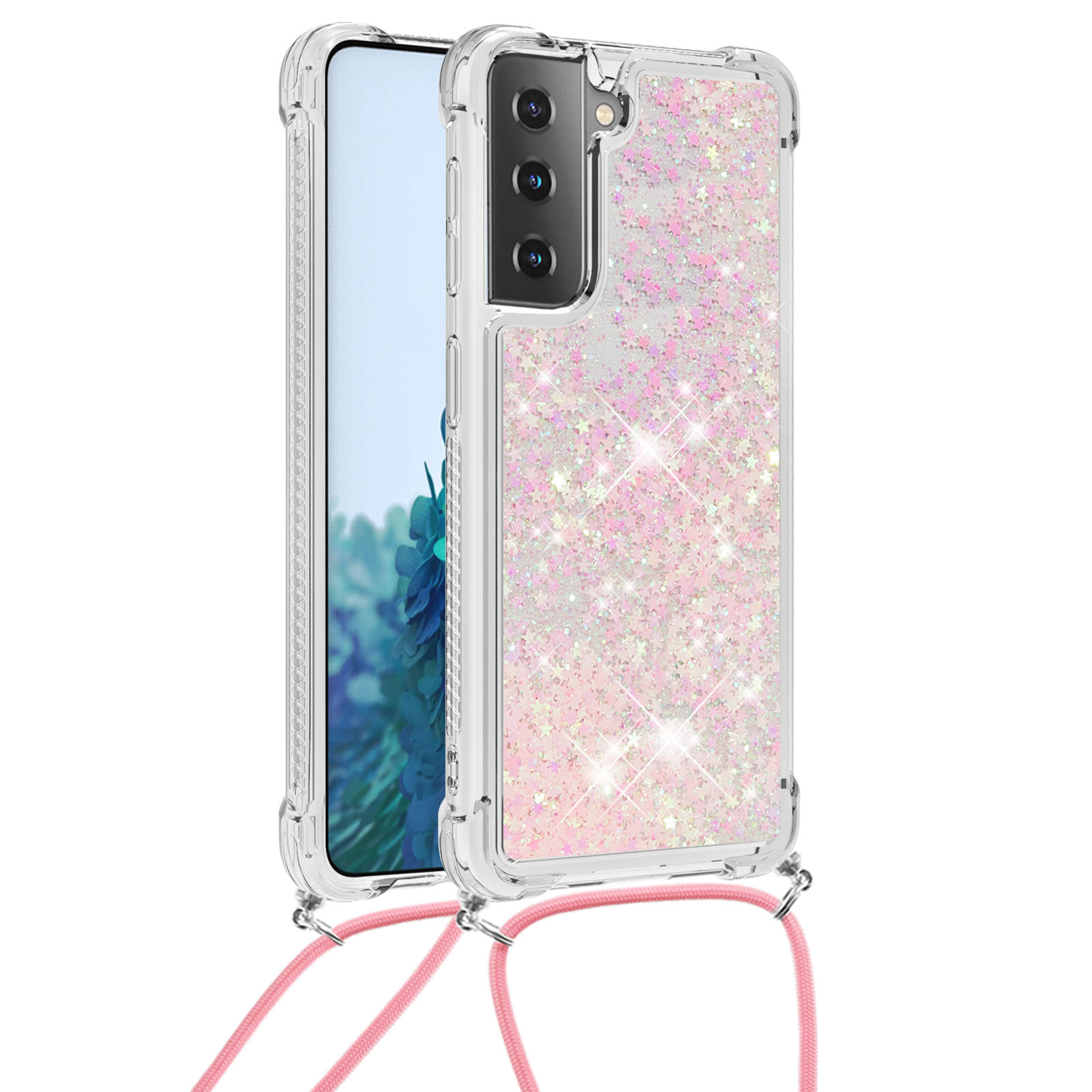 

TPU Dynamic Quicksand Design Phone Cover with Hanging Strap for Samsung Galaxy S21+ 5G - Pink, Samsung Galaxy S21+