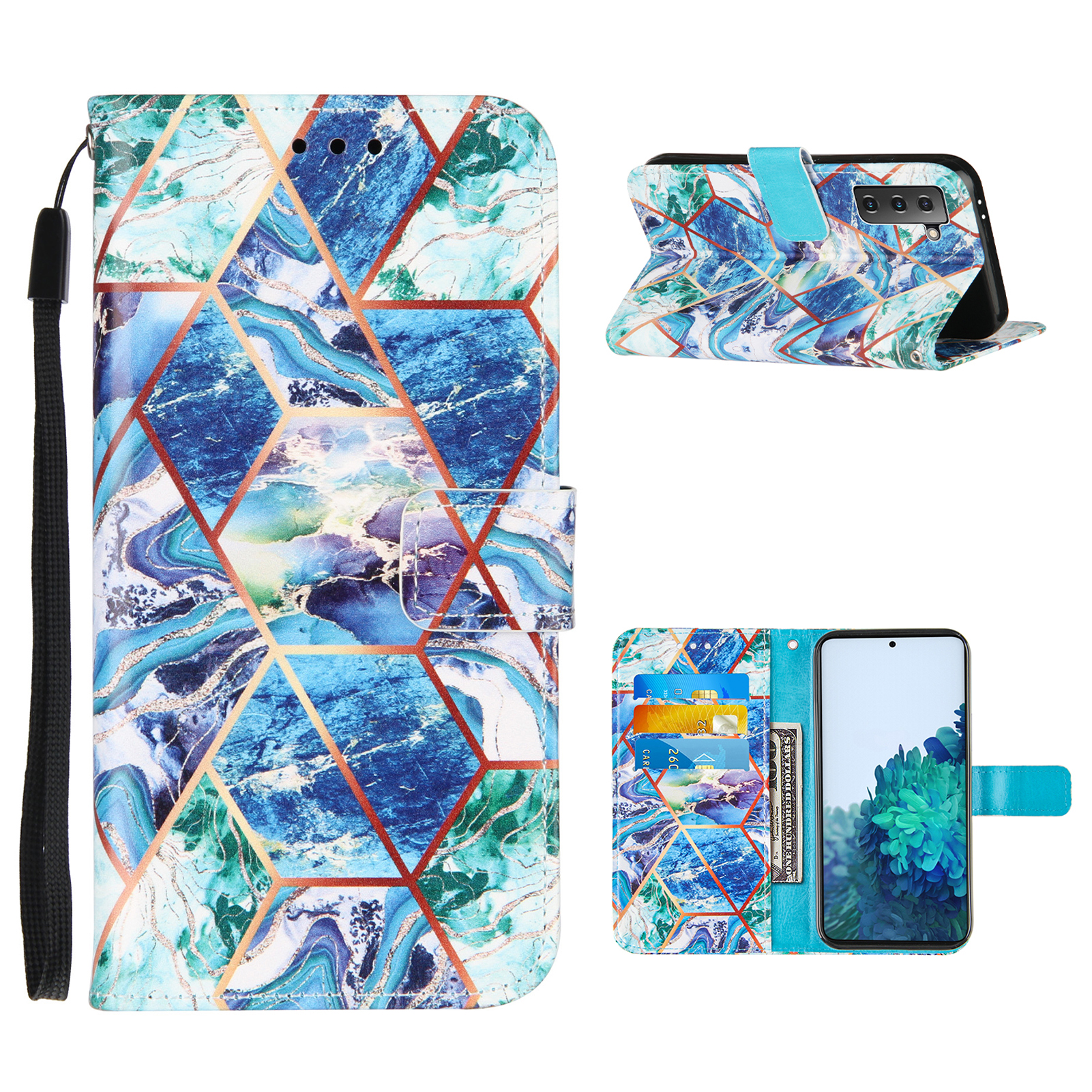 

Marble Pattern Splicing TPU + PU Leather Case with Stand for Samsung Galaxy S21+5G - Blue, Samsung Galaxy S21+