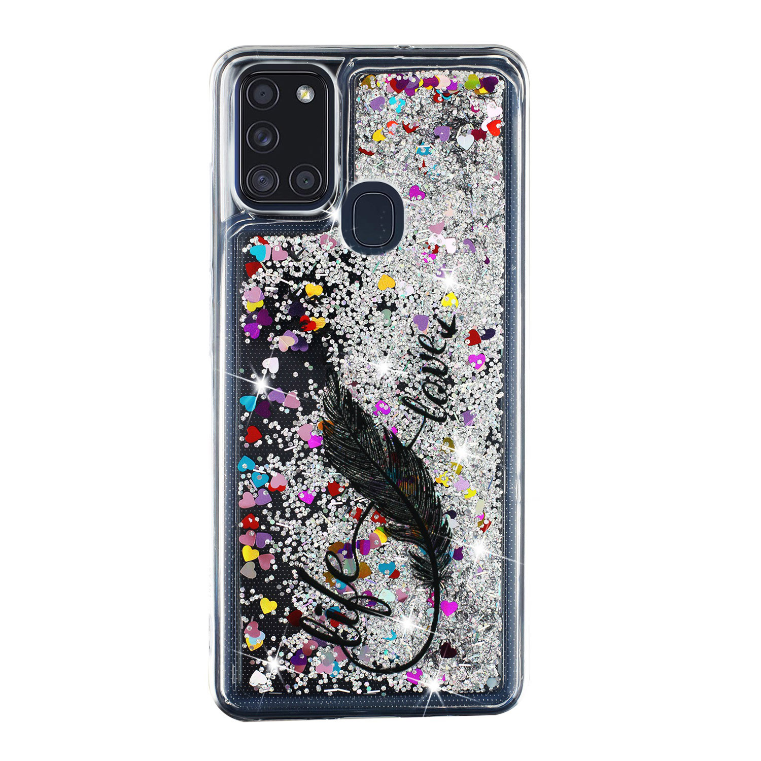 

Fashionable Pattern Embossment + Glitter Powder Quicksand TPU Phone Protective Cover Shell for Samsung Galaxy A21s - Feather, Galaxy A21s