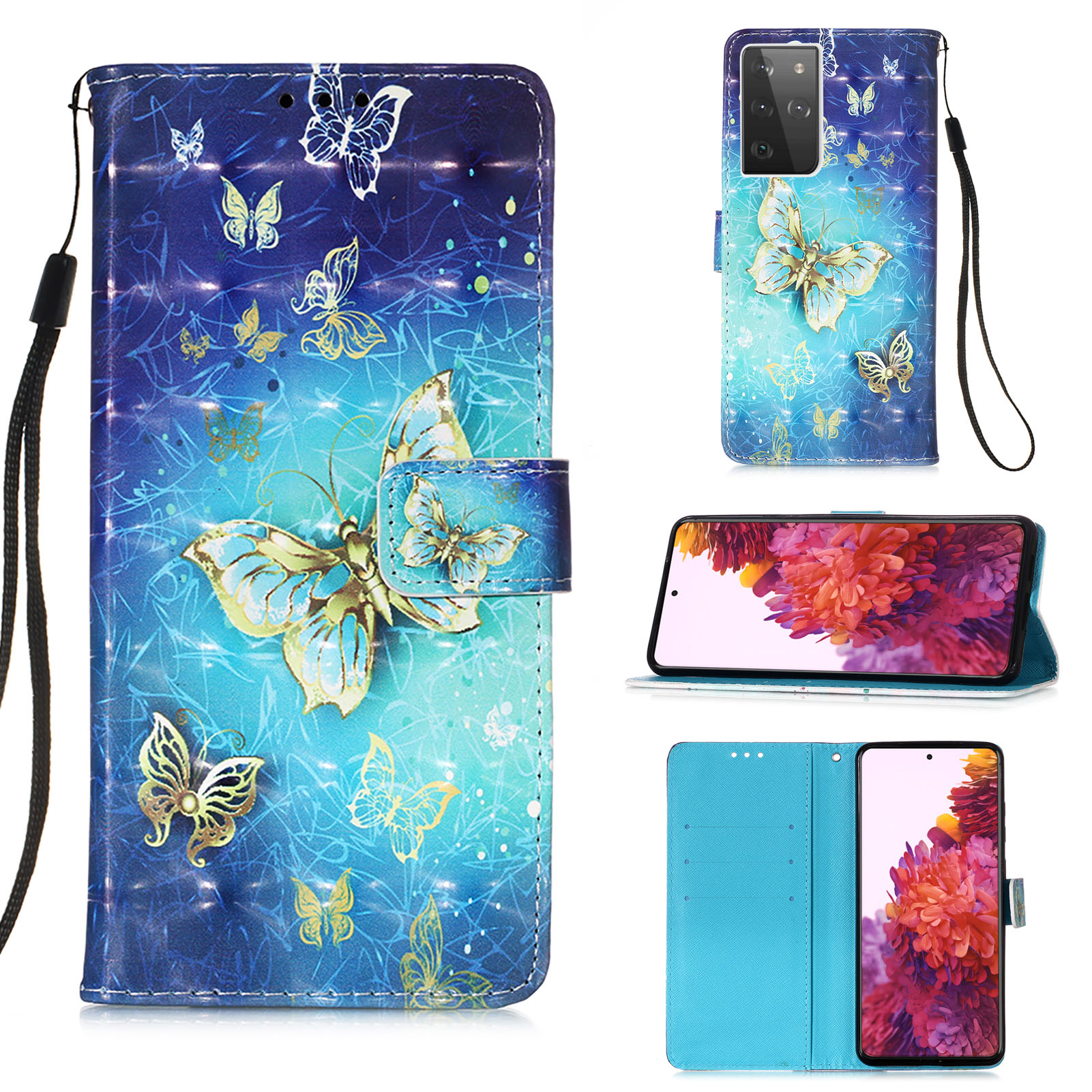 

Pattern Printing Leather Wallet Stand Design Phone Case with Lanyard for Samsung Galaxy S21 Ultra 5G - Gold Butterfly, Galaxy S21 Ultra 5G