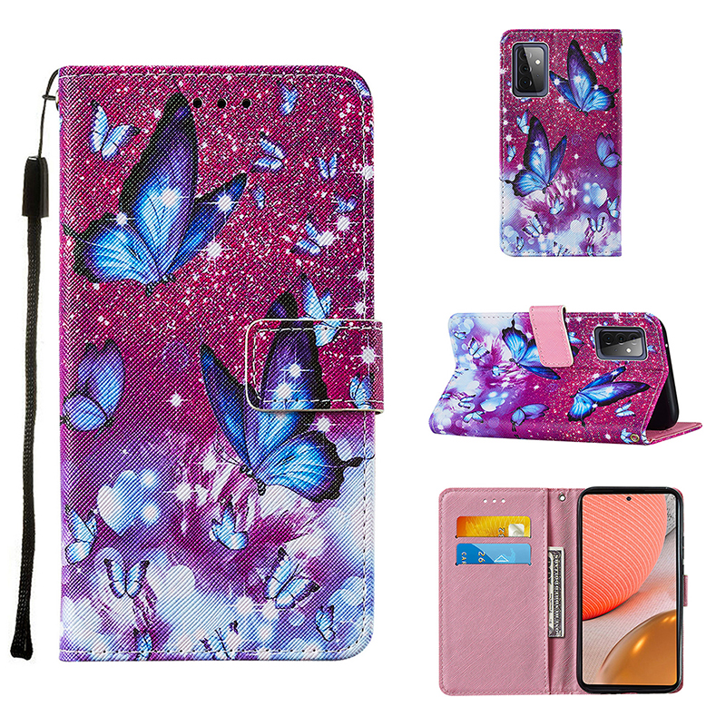 

Wallet Stand Design Cross Texture Leather Phone Protective Case with Pattern Printing for Samsung Galaxy A72 4G/5G - Blue Butterfly, Galaxy A72 5G