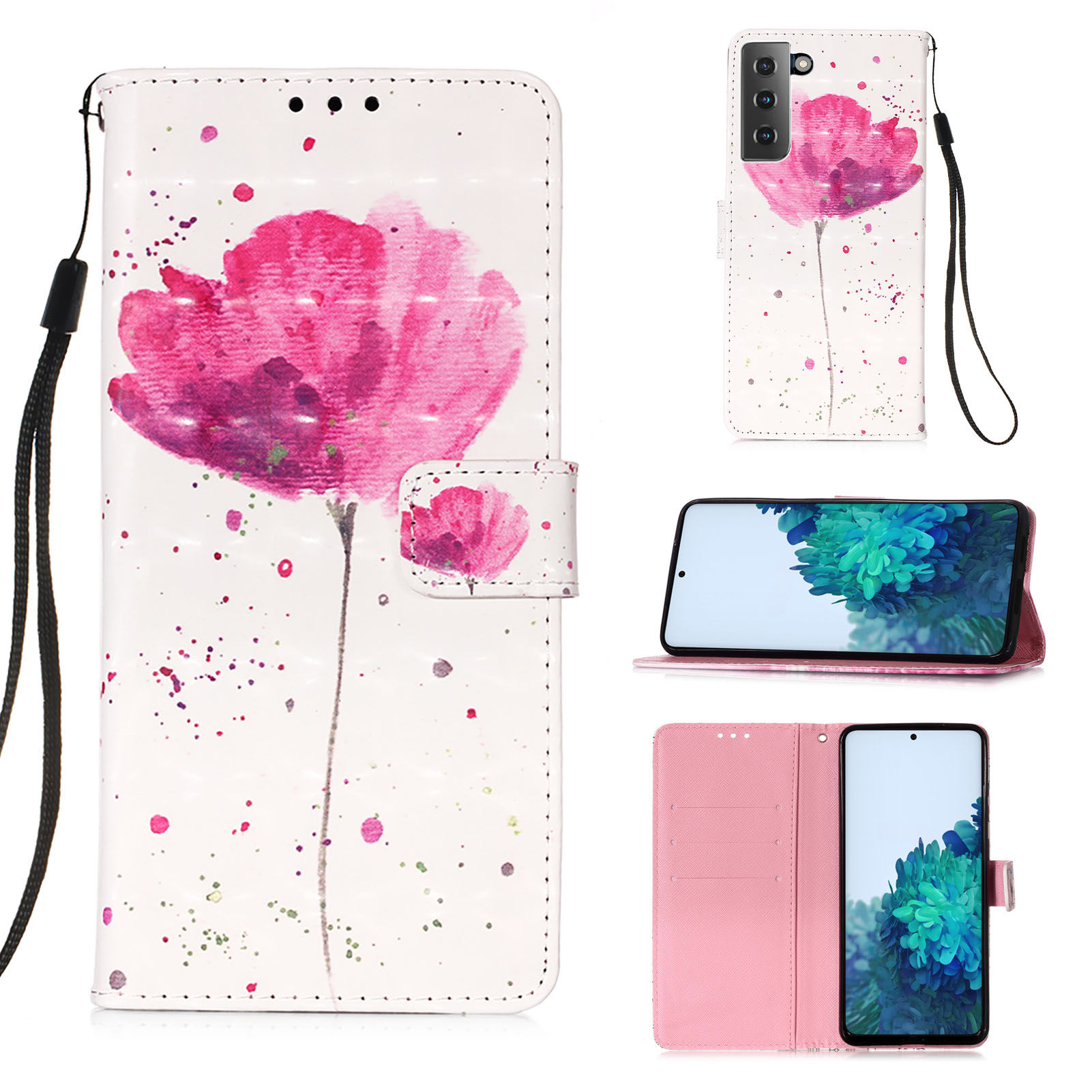 

Light Spot Design Pattern Printing Leather Wallet Stand Phone Case with Lanyard for Samsung Galaxy S21 5G - Flower, Galaxy S21 5G