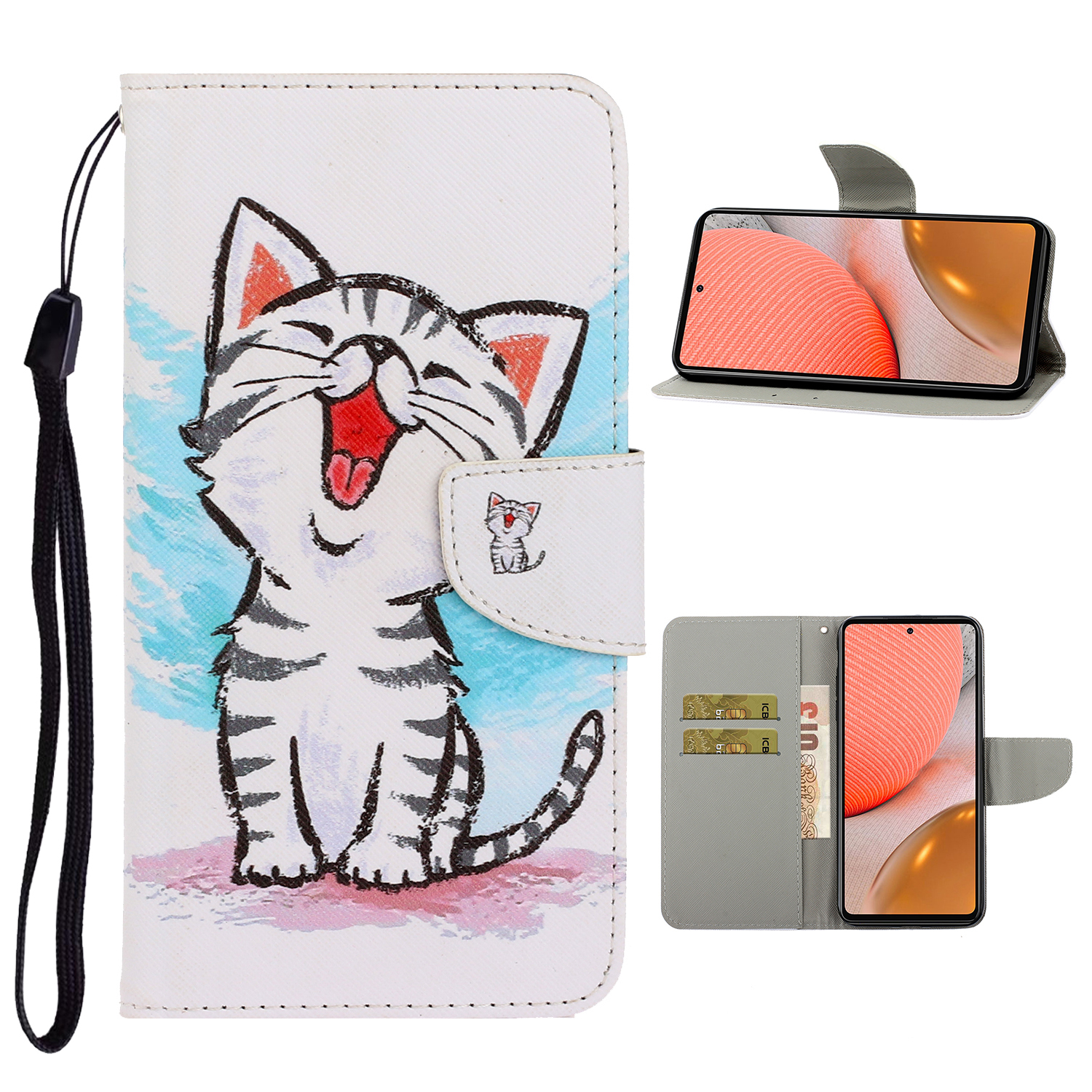 

TPU + PU Leather Wallet Stand Phone Case with Lanyard for Samsung Galaxy A72 5G / A72 4G - Cute Cat, Galaxy A72 5G
