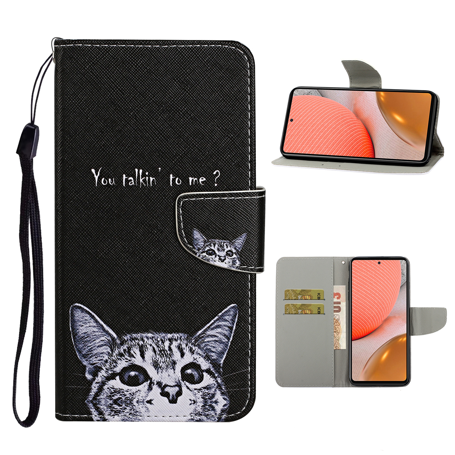 

TPU + PU Leather Wallet Stand Phone Case with Lanyard for Samsung Galaxy A72 5G / A72 4G - Cat, Galaxy A72 5G