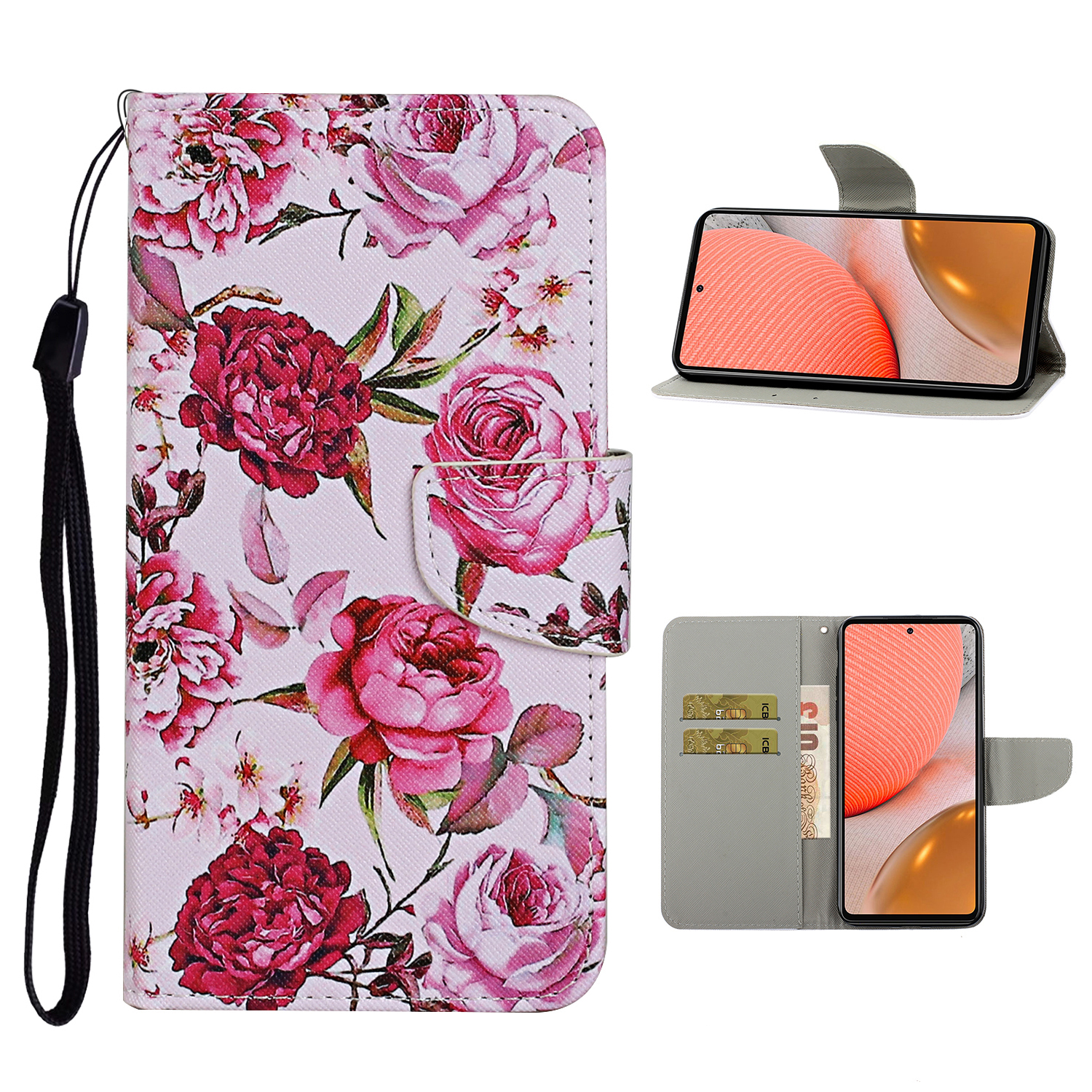 

TPU + PU Кожаный Кошелек Стенд Телефон с Lanyard Для Samsung Galaxy A72 5G / A72 4G - Роза, Galaxy A72 5G