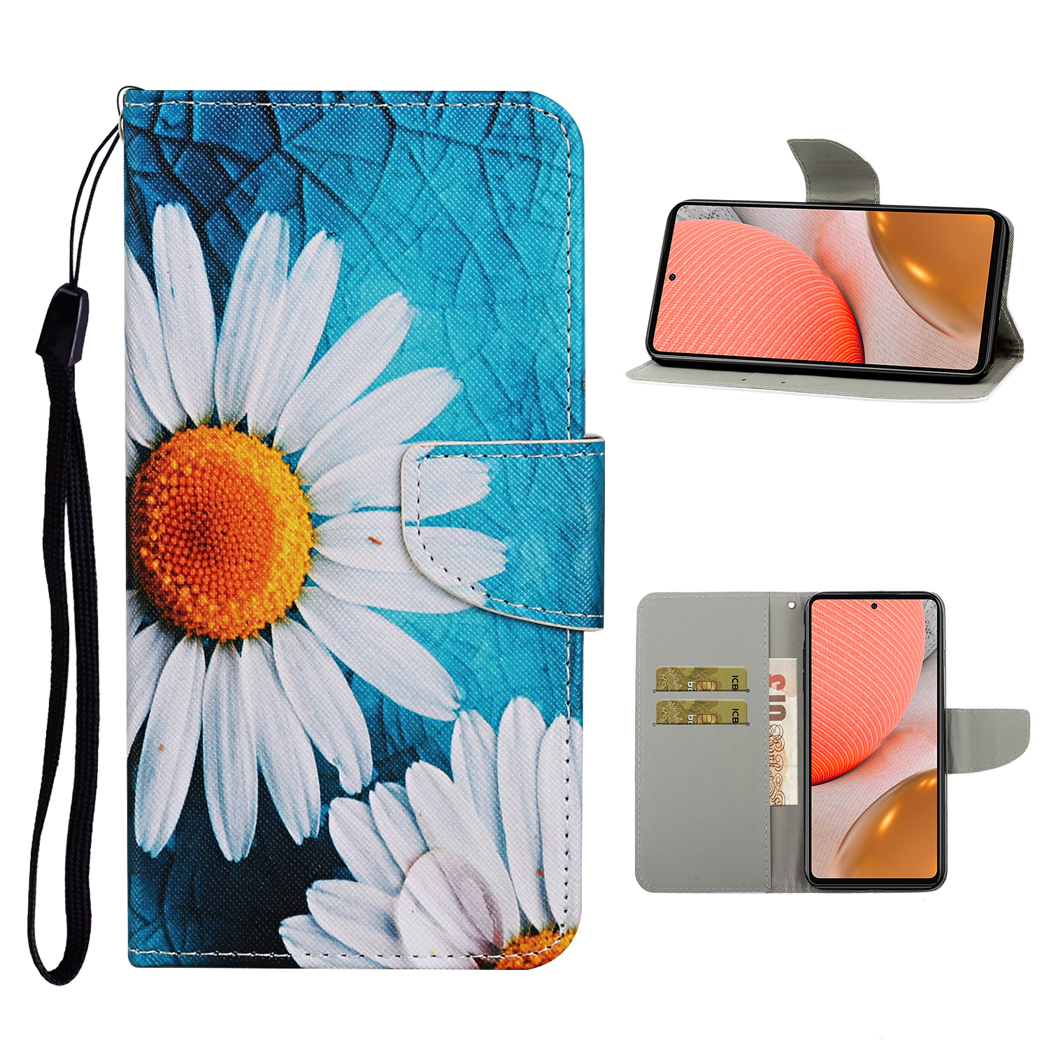 

TPU + PU Кожаный Кошелек Стенд Телефон с Lanyard Для Samsung Galaxy A72 5G / A72 4G - Хризантема, Galaxy A72 5G
