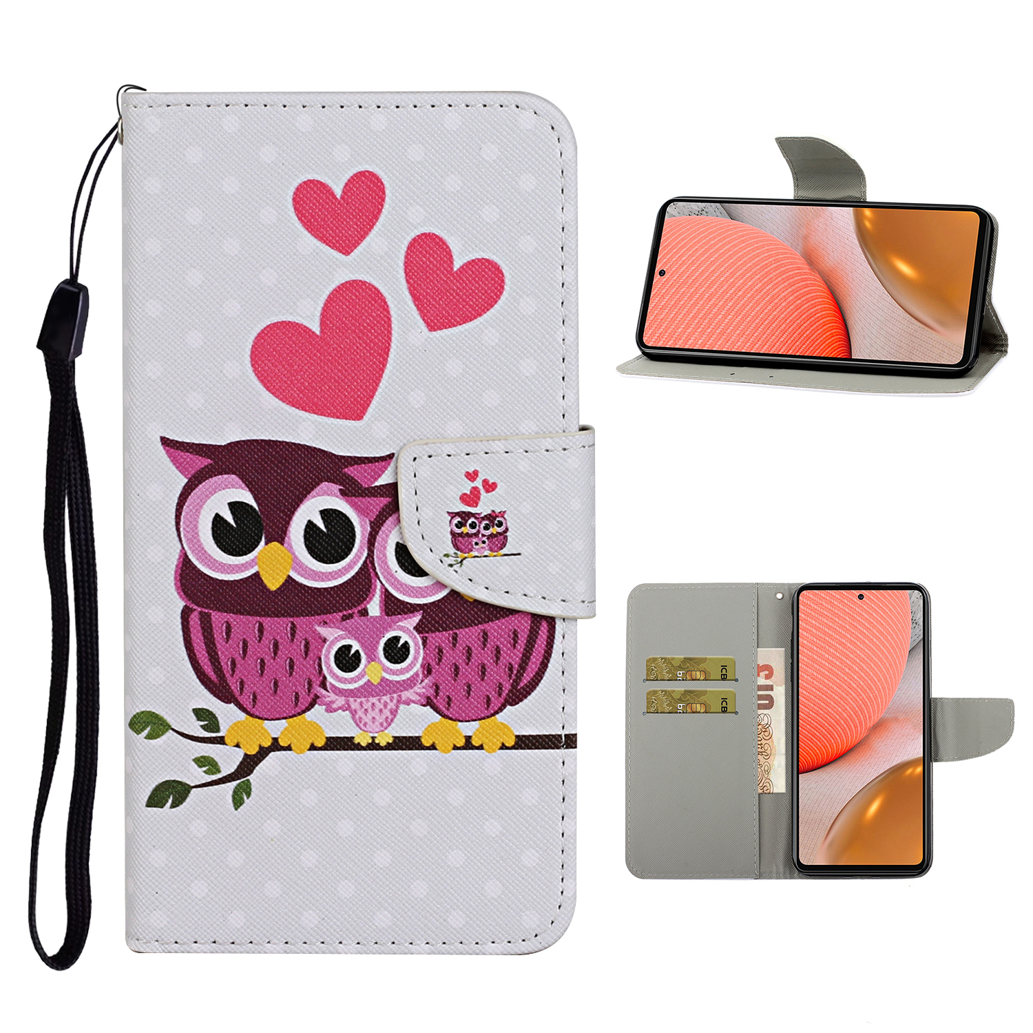 

TPU + PU Кожаный Кошелек Стенд Телефон с Lanyard Для Samsung Galaxy A72 5G / A72 4G - Сова и Сердце, Galaxy A72 5G