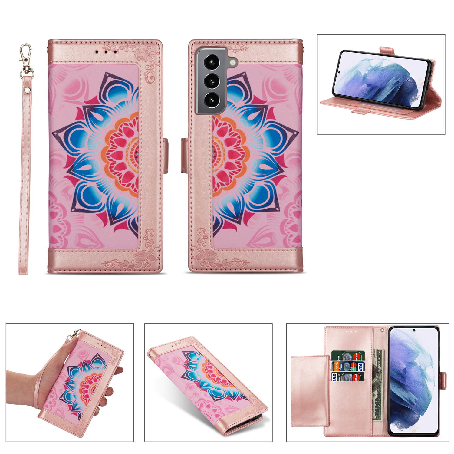 

Цветочная Печать Кожа PU + TPU Shell Shell Для Samsung Galaxy S21 4G/5G Крышка - Розовое Золото, Galaxy S21 4G