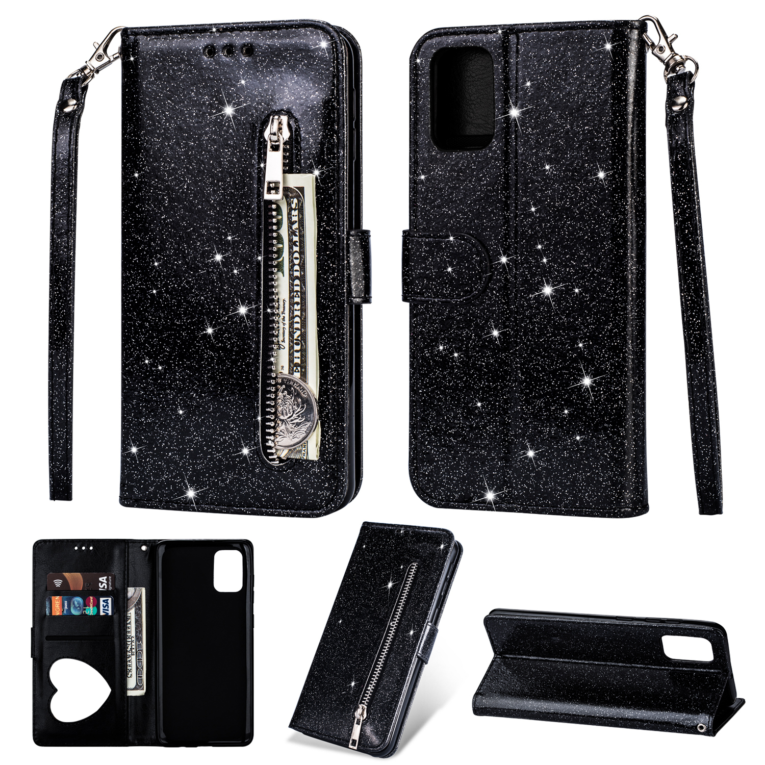 

Flash Powder Zipper Pocket Wallet Flip Leather Phone Case with Strap for Samsung Galaxy M51 - Black, Galaxy M51