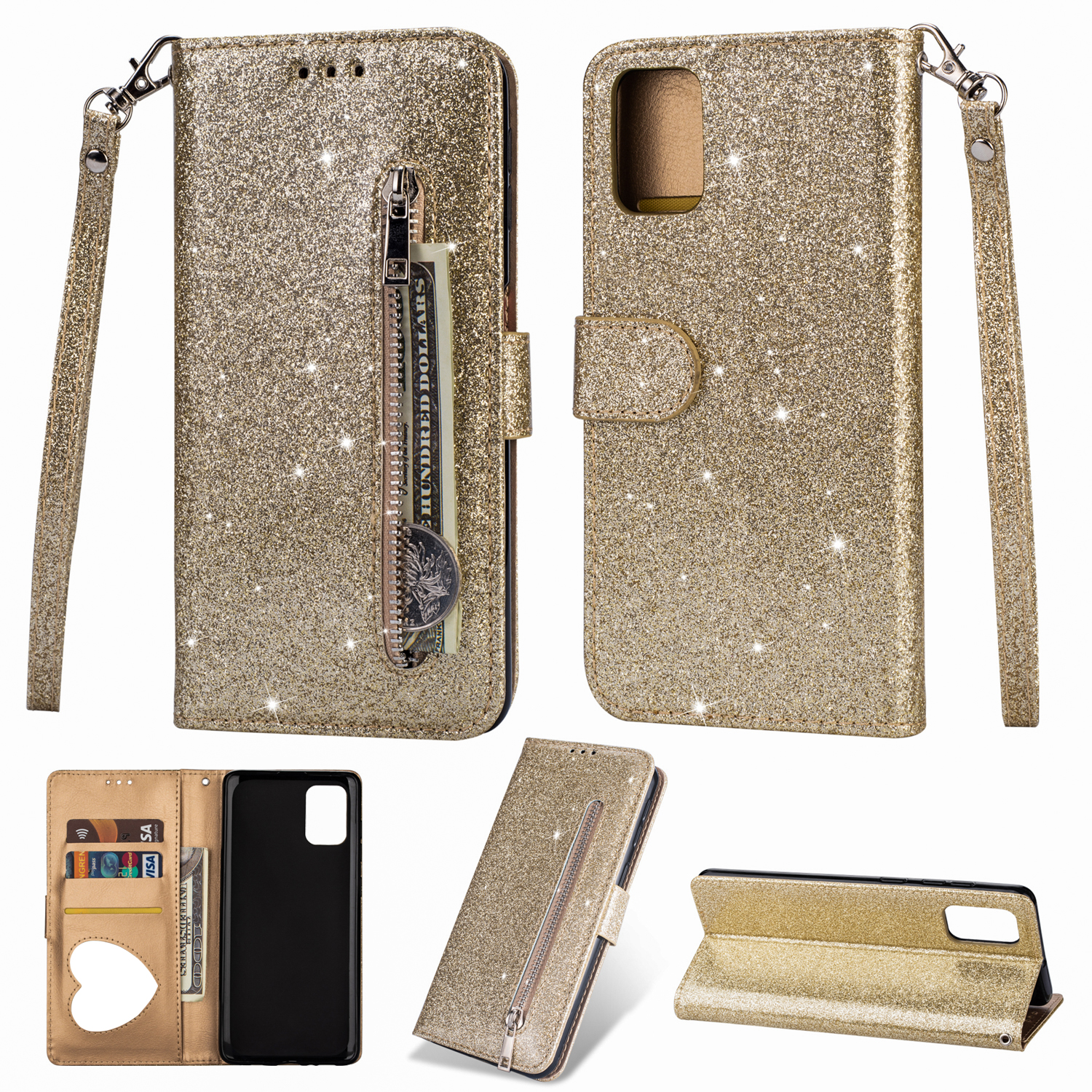 

Flash Powder Zipper Pocket Wallet Flip Leather Phone Case with Strap for Samsung Galaxy M51 - Gold, Galaxy M51