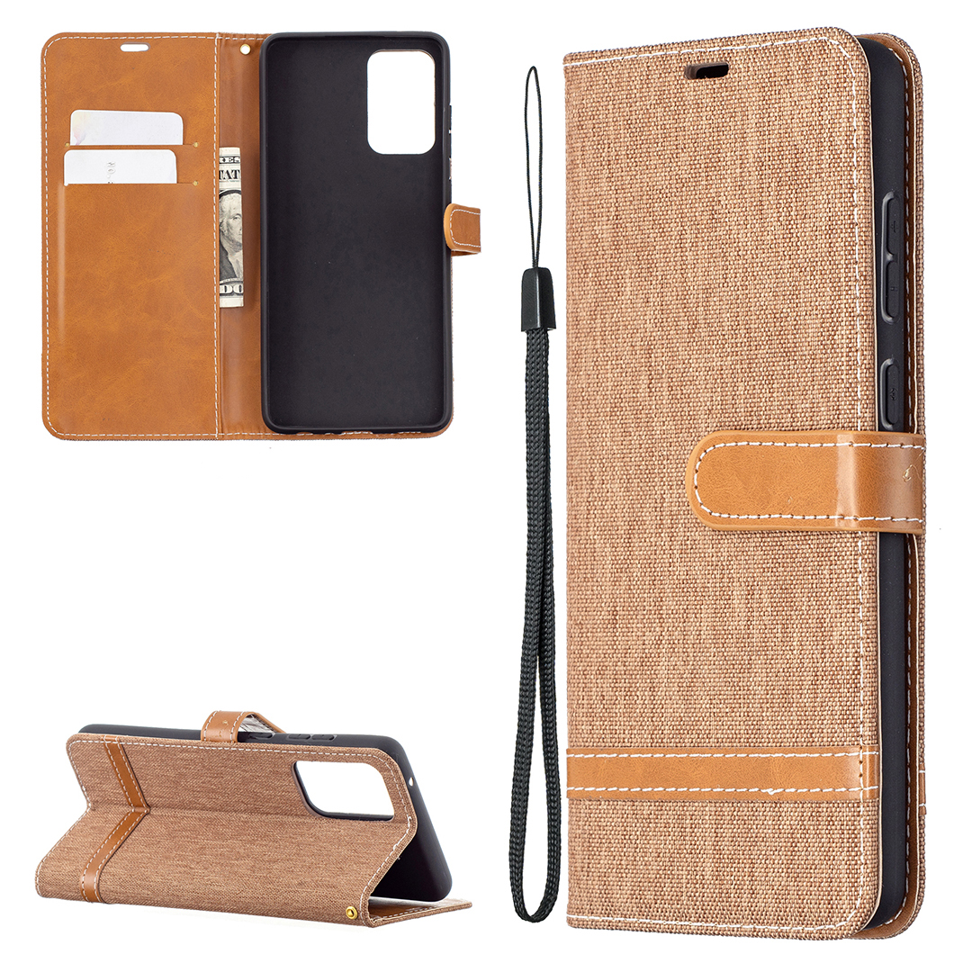 

For Samsung Galaxy A72 5G / A72 4G Color Splicing Jeans Cloth Surface Wallet Leather Phone Cover - Brown, Galaxy A72 5G