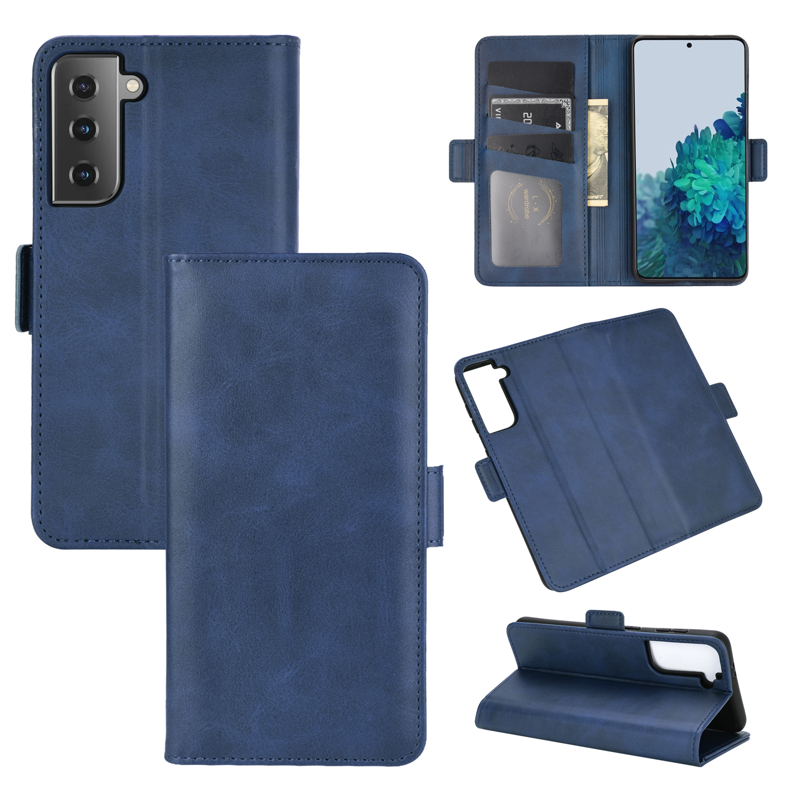 

Double Clasp Flip Magnet Leather Wallet Case Stand for Samsung Galaxy S21 Plus 5G - Blue, Samsung Galaxy S21+