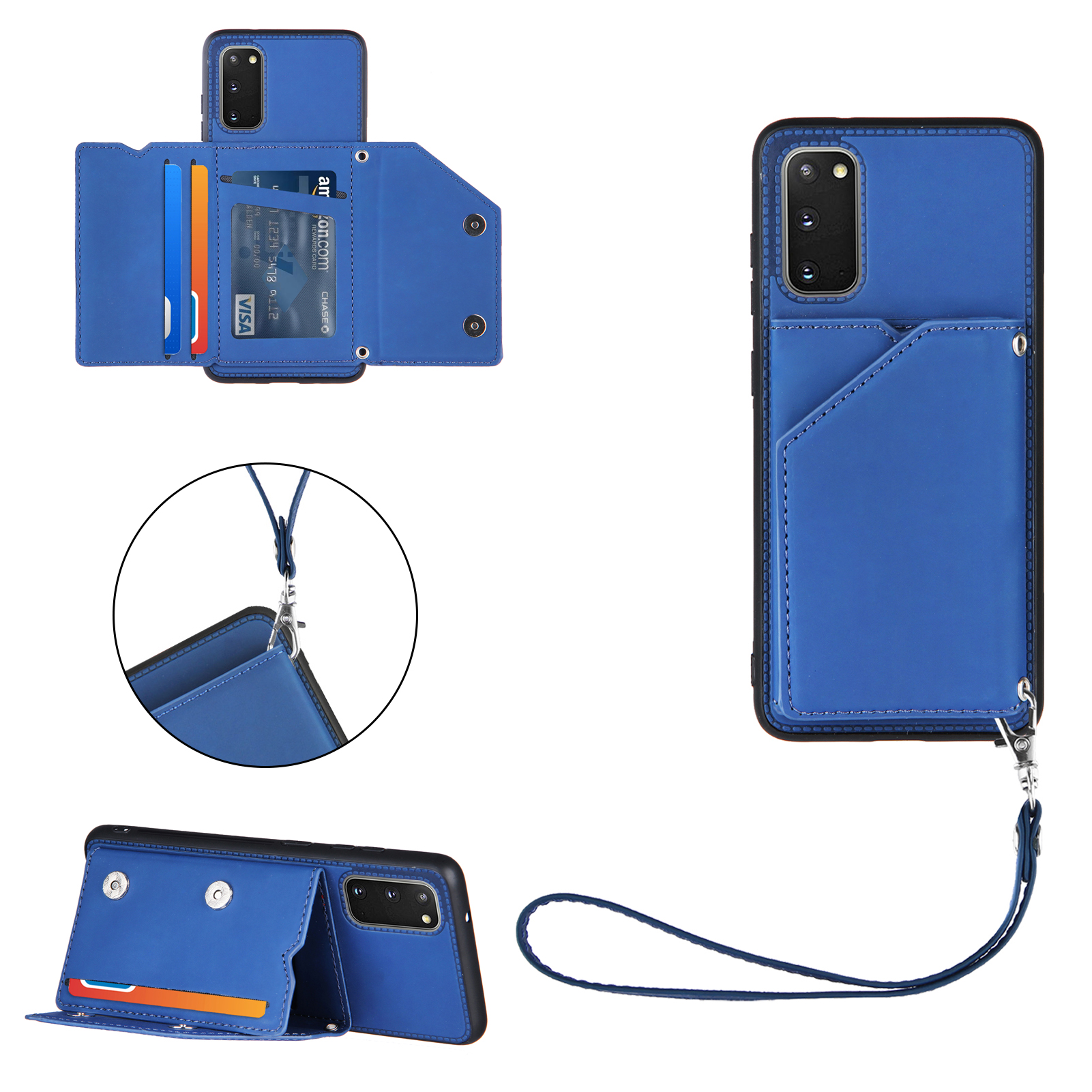 

Rubberized Leather Skin Card Holder Design TPU Phone Case with Kickstand for Samsung Galaxy S20 - Blue, Galaxy S20