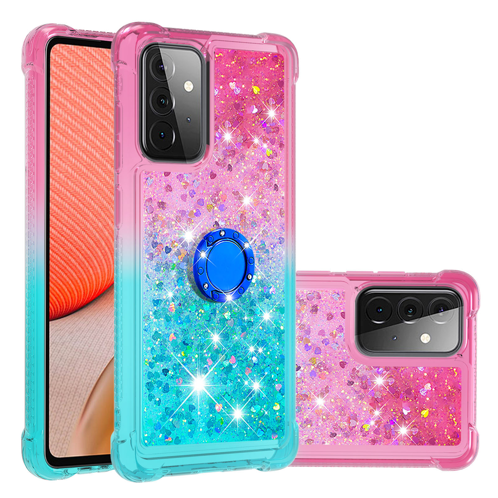 

Shockproof Gradient Quicksand Kickstand TPU Shell for Samsung Galaxy A72 5G - Rose/Cyan, Galaxy A72 5G