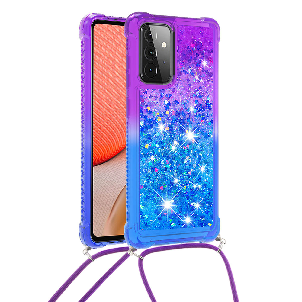 

Scratch-resistant Gradient Glitter Powder Quicksand TPU Phone Shell with Strap for Samsung Galaxy A72 5G - Purple/Blue, Galaxy A72 5G