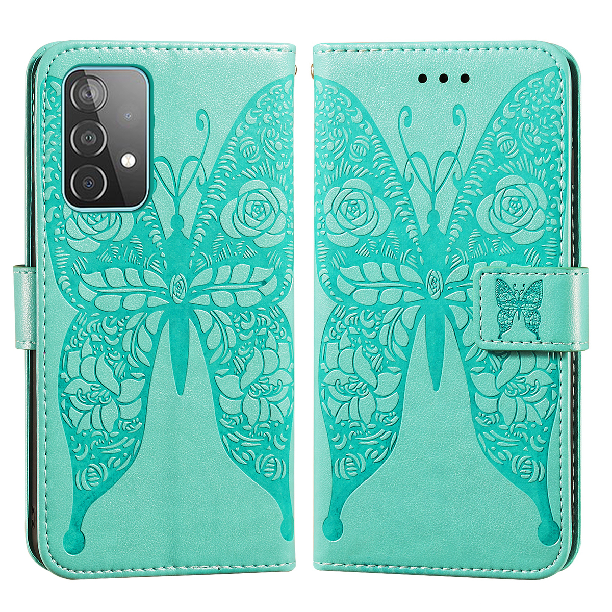 

For Samsung Galaxy A52 4G/5G / A52s 5G Imprinted Rose Flower Butterflies Pattern Leather Wallet Stand Case - Green, Galaxy A52 4G