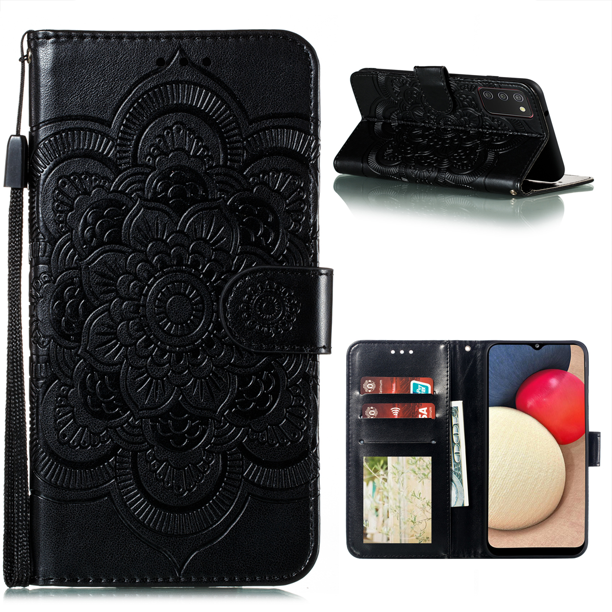 

Imprint Mandala Flower Stand Leather Shell for Samsung Galaxy A02s (164.2x75.9x9.1mm) Case - Black, Galaxy A02s (164.2x75.9x9.1mm)