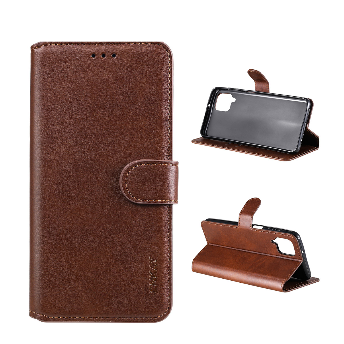 

ENKAY PU Leather + TPU Protector for Samsung Galaxy A12 Wallet Stand Phone Shell - Brown, Galaxy A12