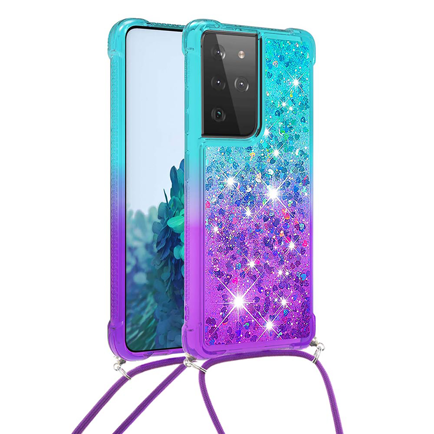 

Gradient Glitter Sequins Quicksand Constance Compurectore TPU Сотовый Телефон Сотовый Телефон С Ремешком Для Samsung Galaxy S21 Ultra 5G - Небесно-синий / Фиолетовый, Galaxy S21 Ultra 5G
