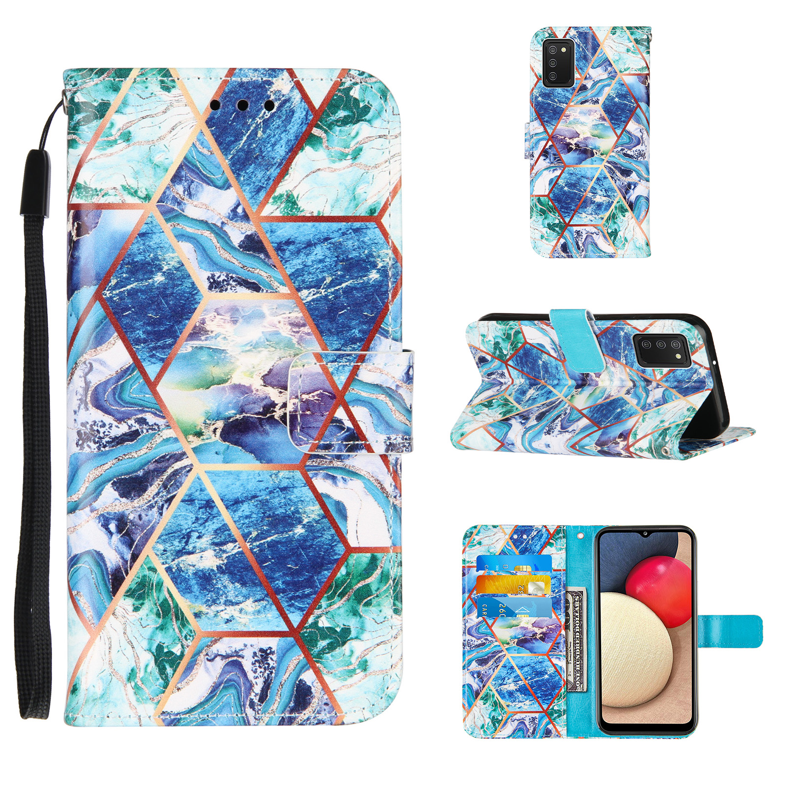

Splicing Marble Pattern Wallet Stand Design TPU + PU Leather Case for Samsung Galaxy A02s (164.2x75.9x9.1mm) - Blue, Galaxy A02s (164.2x75.9x9.1mm)
