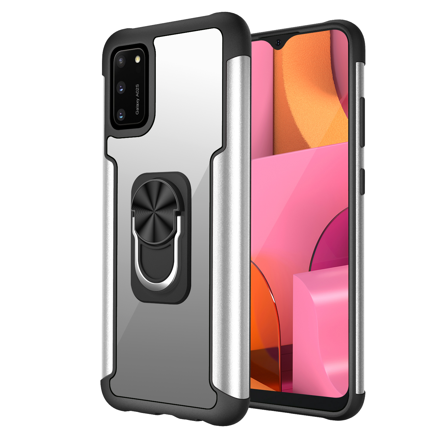 

Finger Ring Kickstand PC+TPU Hybrid Phone Case with Built-in Magnetic Sheet Design for Samsung Galaxy A02s (164.2x75.9x9.1mm) - Silver, Galaxy A02s (164.2x75.9x9.1mm)