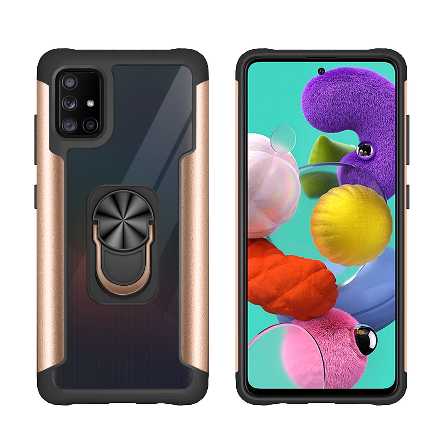 

Full Protection PC+TPU Phone Case with Rotary Finger Ring Kickstand for Samsung Galaxy A51 5G SM-A516 - Gold, Galaxy A51 5G