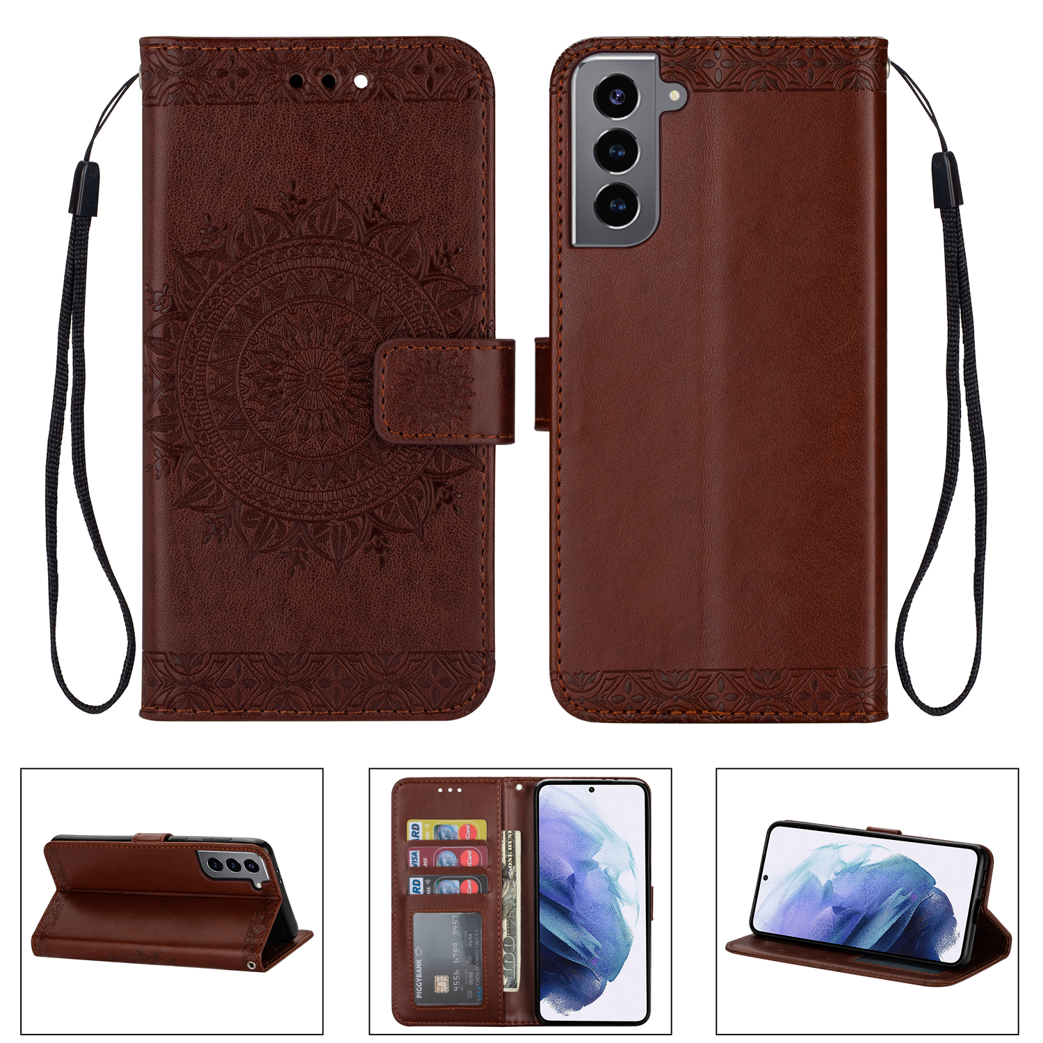 

Запечатанная Мандала Цветок Кошелек Кожаный Чехол С Ремешком Для Samsung Galaxy S21 5G - Коричневый, Galaxy S21 5G