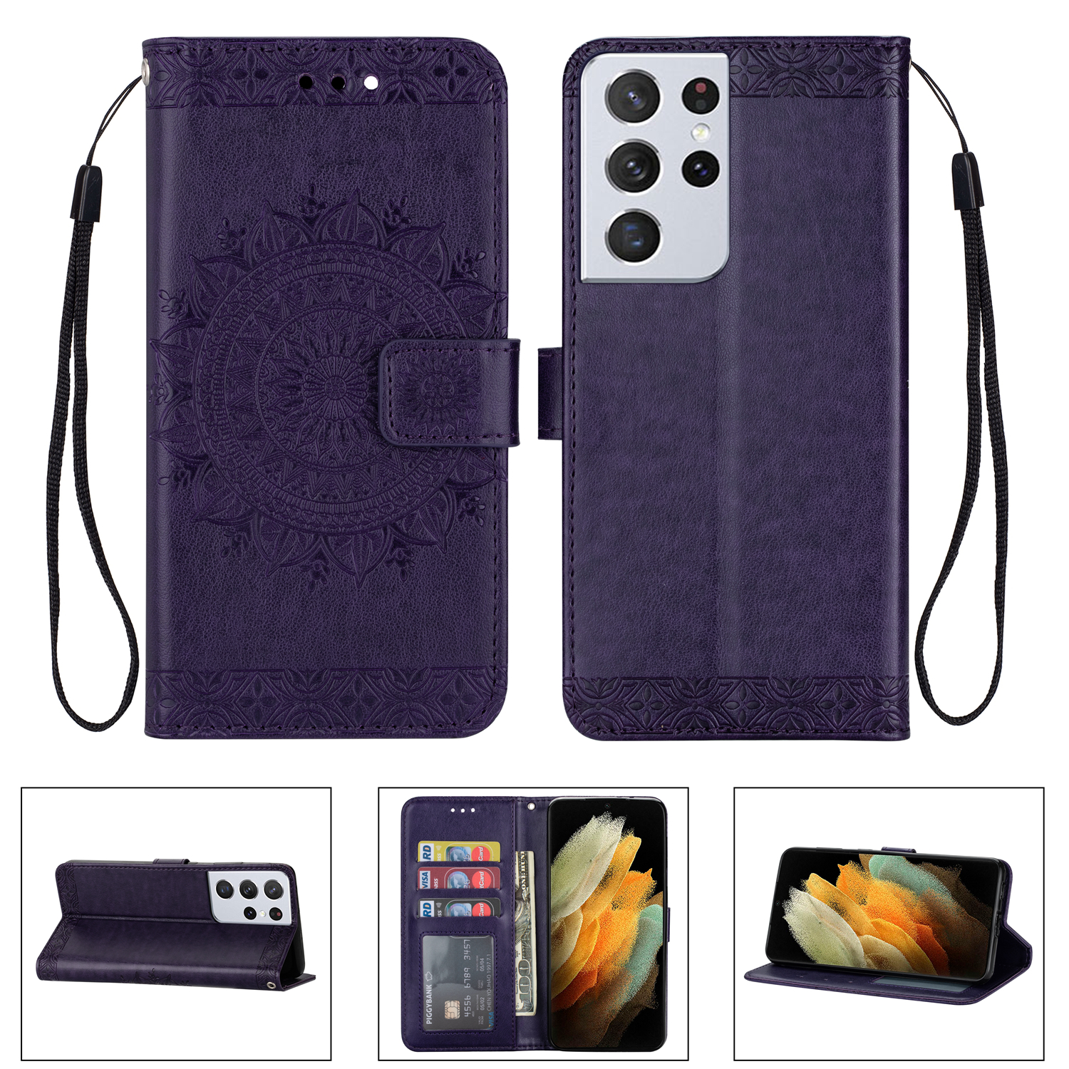 

Imprinted Mandala Flower Wallet Leather Case with Strap for Samsung Galaxy S21 Ultra 5G - Purple, Galaxy S21 Ultra 5G