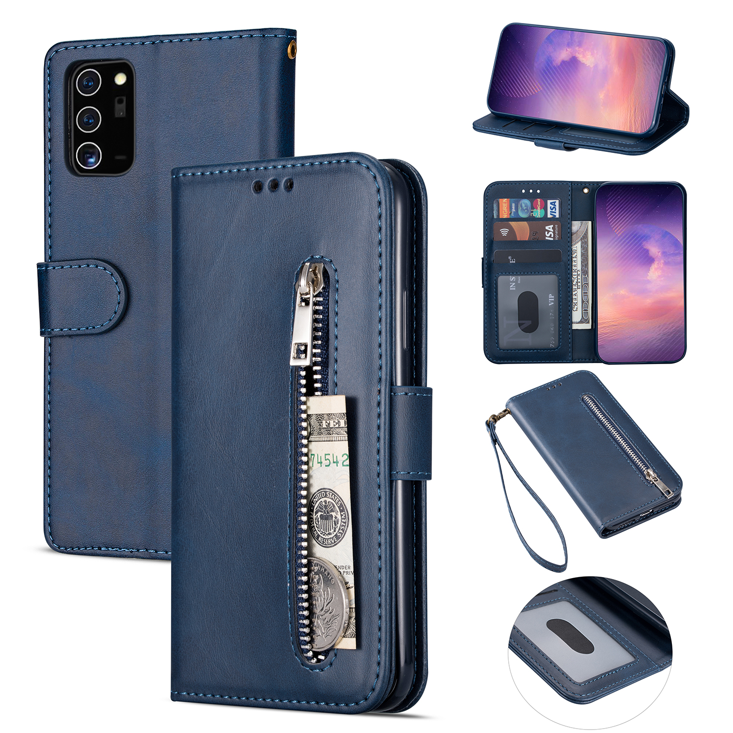 

Zipper Pocket Leather Stand Case with Card Slots for Samsung Galaxy A52 4G/5G / A52s 5G - Blue, Galaxy A52 5G