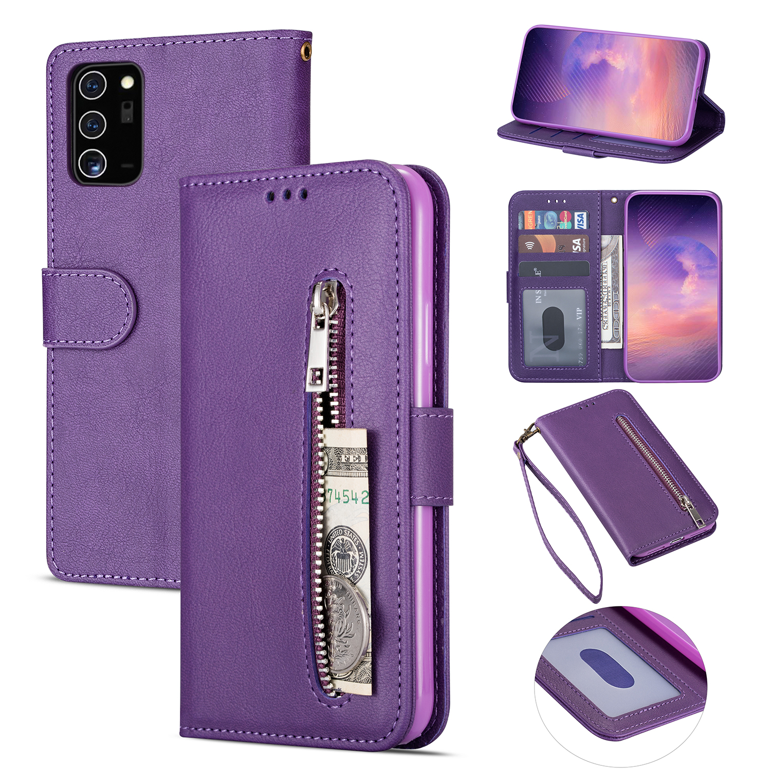 

Zipper Pocket Leather Stand Case with Card Slots for Samsung Galaxy A52 4G/5G / A52s 5G - Purple, Galaxy A52 5G