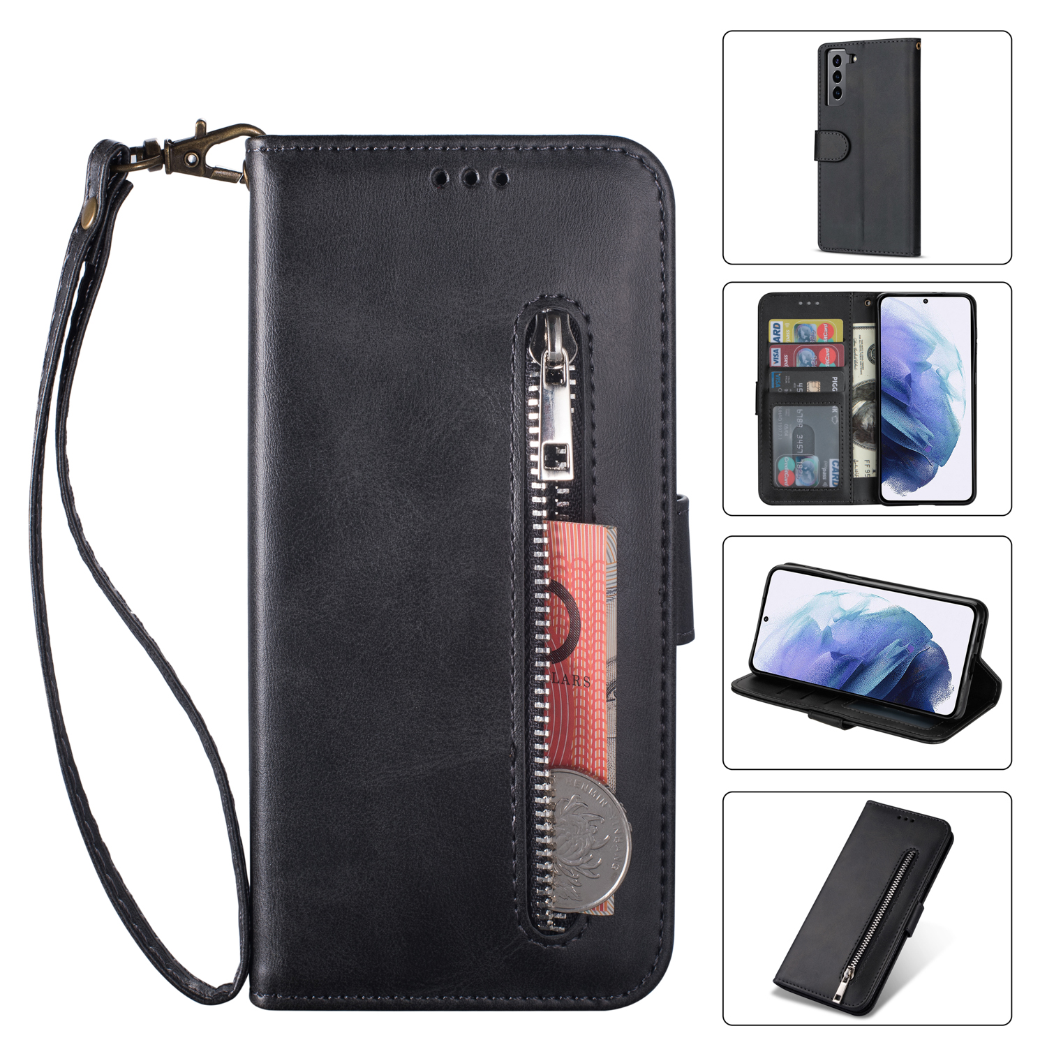 

Zipper Pocket Leather Stand Case with Card Slots for Samsung Galaxy S21+ 5G - Black, Galaxy S21+ 5G
