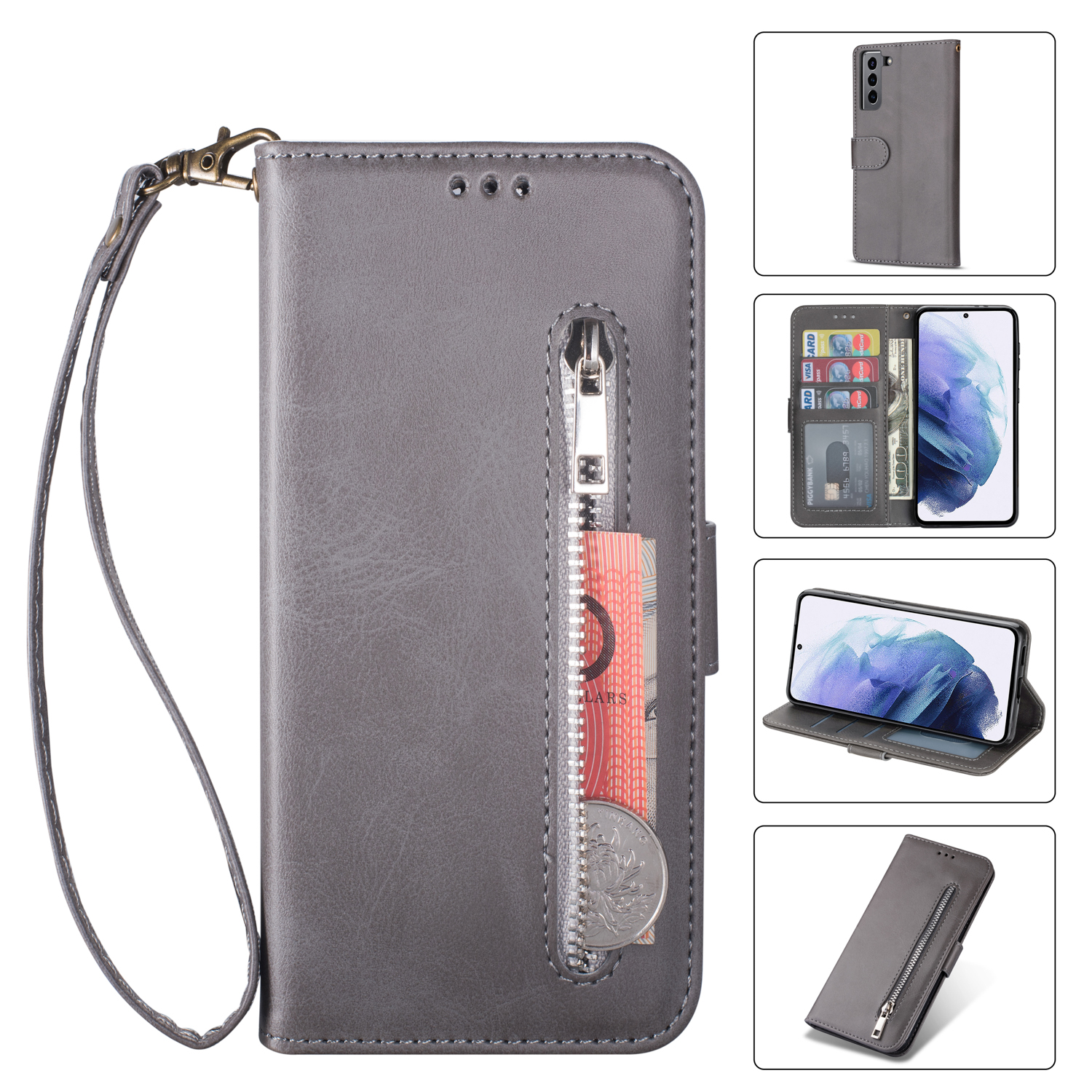 

Zipper Pocket Leather Stand Case with Card Slots for Samsung Galaxy S21+ 5G - Grey, Galaxy S21+ 5G