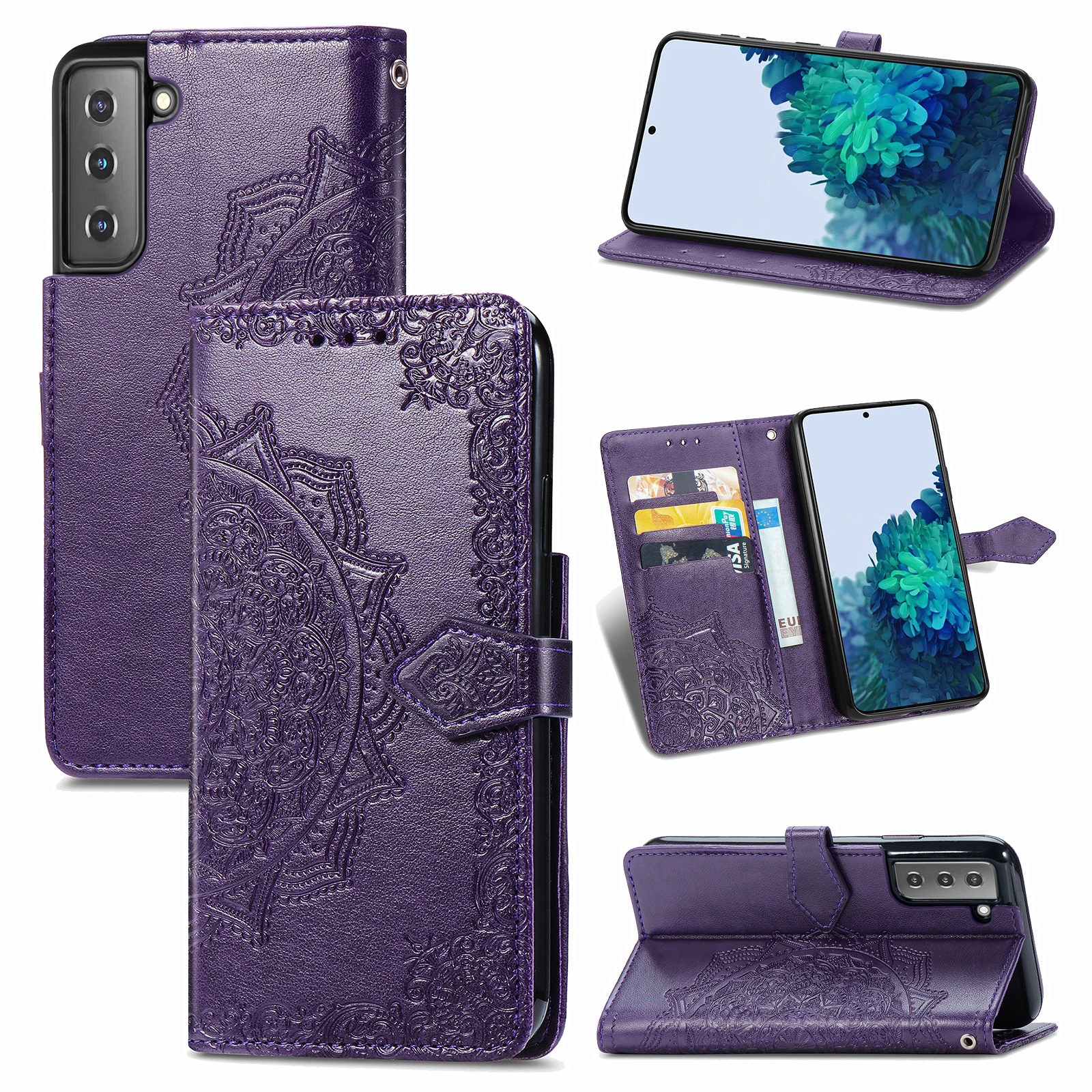 

Цветочный Кожаный Чехол С Тиснением Мандалы С Бумажником Для Samsung Galaxy S21 5G - Фиолетовый, Galaxy S21 5G