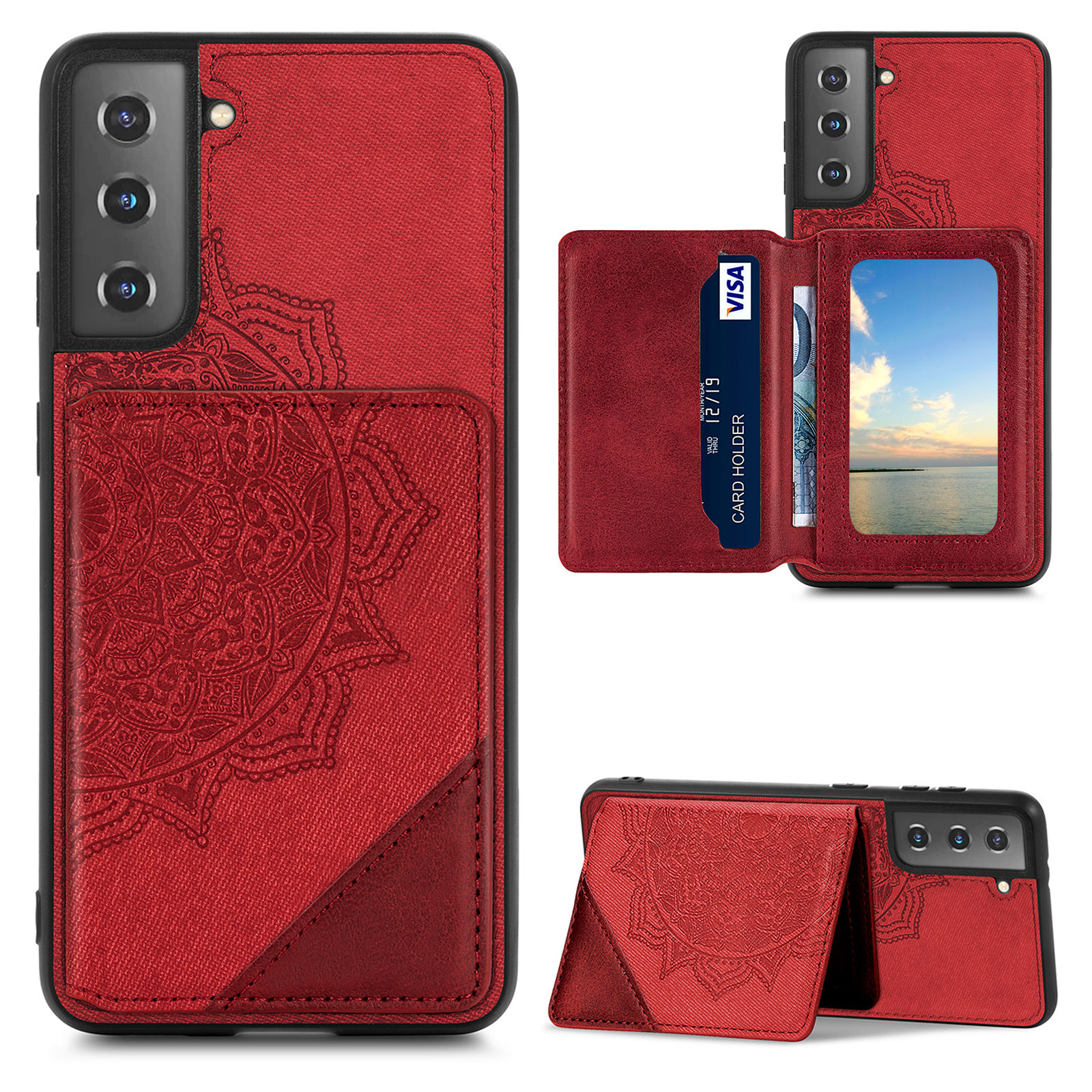 

Мандала Цветочный Рисунок PU Кожа+tpu Flip Wallet Case Для Samsung Galaxy S21 5G - Красный, Galaxy S21 5G