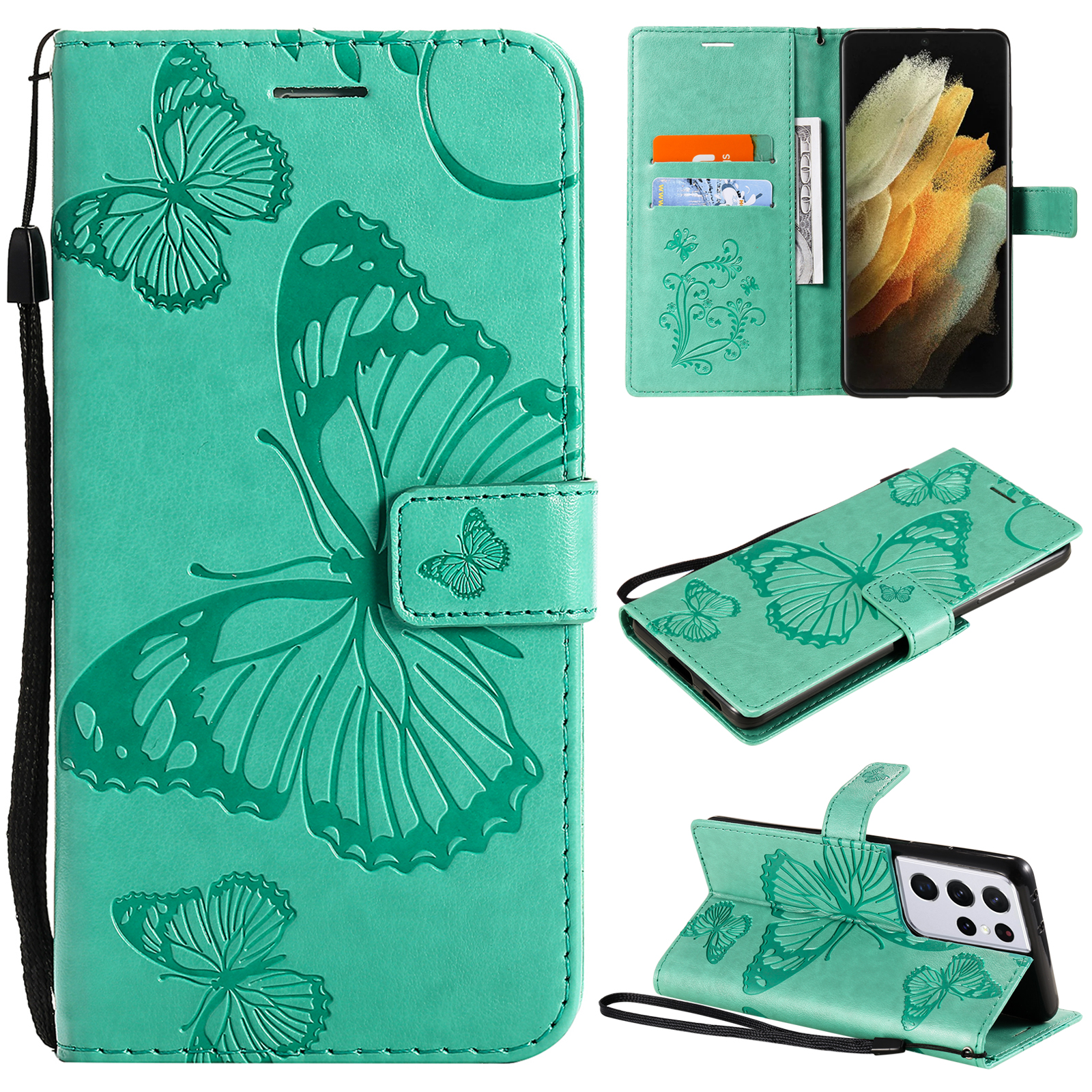 

Imprinted Butterflies Flower Leather Wallet Stand Case for Samsung Galaxy S21 Ultra 5G - Green, Galaxy S21 Ultra 5G