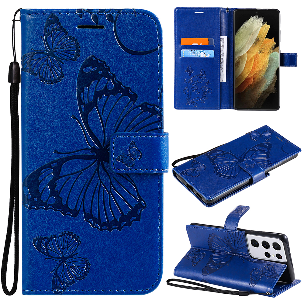 

Imprinted Butterflies Flower Leather Wallet Stand Case for Samsung Galaxy S21 Ultra 5G - Blue, Galaxy S21 Ultra 5G