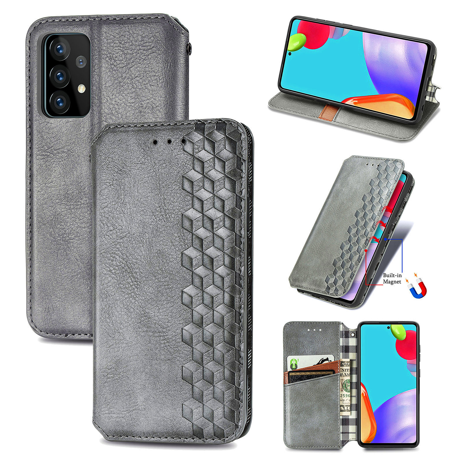 

Fashionable Rhombus Imprinting Decor Leather Phone Auto-Absorbed Cover Case for Samsung Galaxy A72 4G/5G - Grey, Galaxy A72 5G