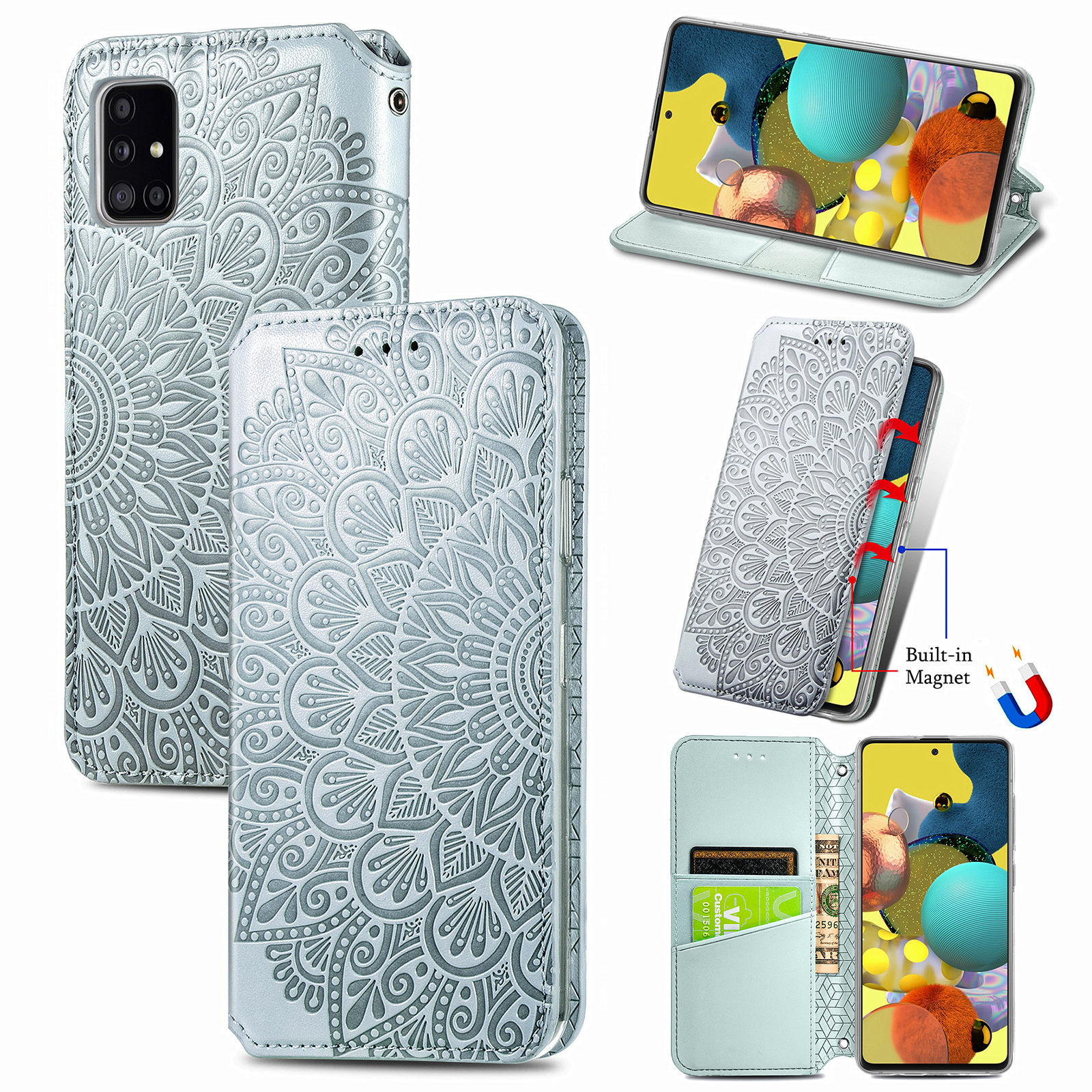 

Imprinted Mandala Flower Pattern Auto-absorbed PU Leather Case Stand Wallet for Samsung Galaxy A71 4G SM-A715 - Grey, Galaxy A71 4G