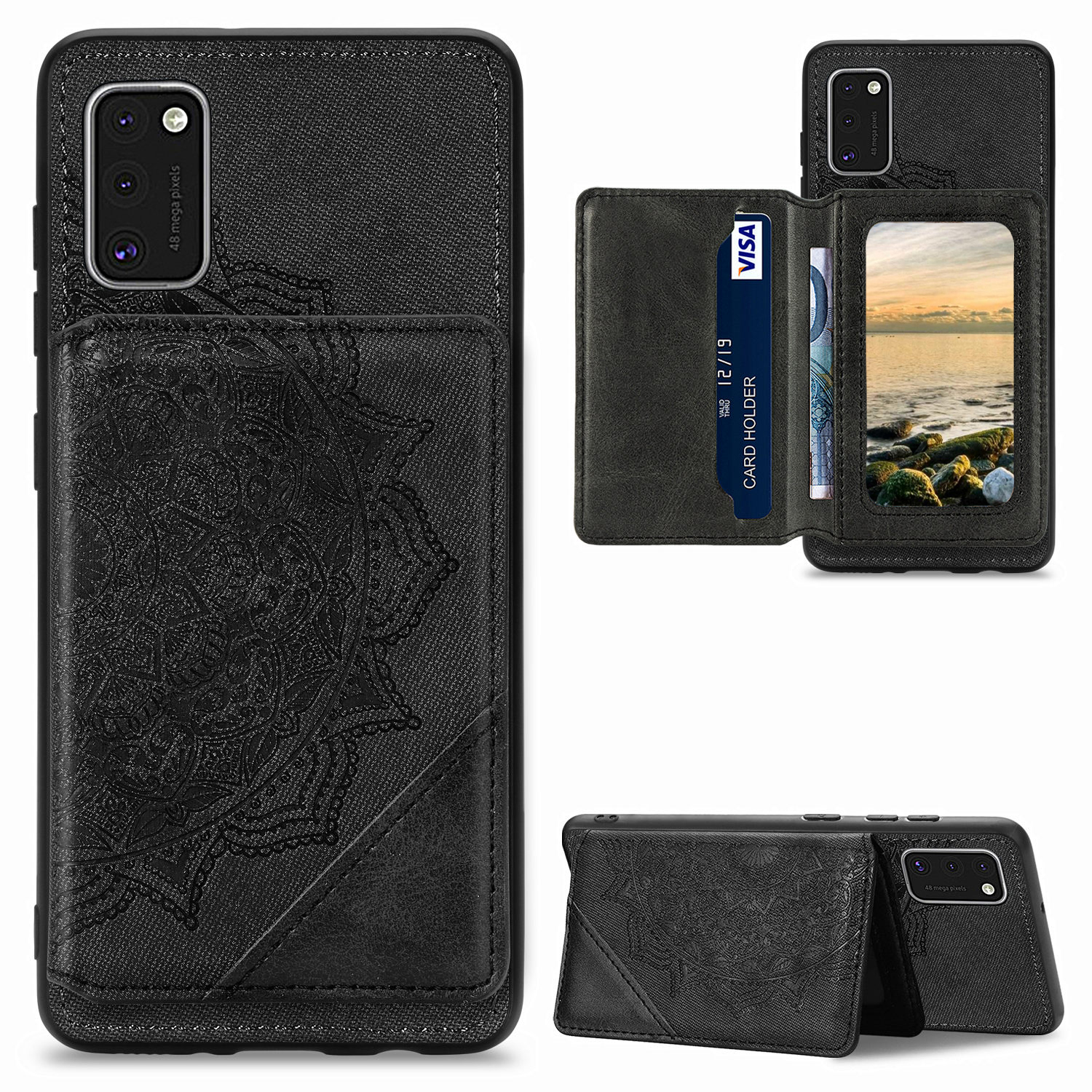 

Мандала Цветочный Рисунок PU Кожа+tpu Kickstand Calefe Chore Для Samsung Galaxy A41 (глобальная Версия) - Черный, Galaxy A41 (Global Version)