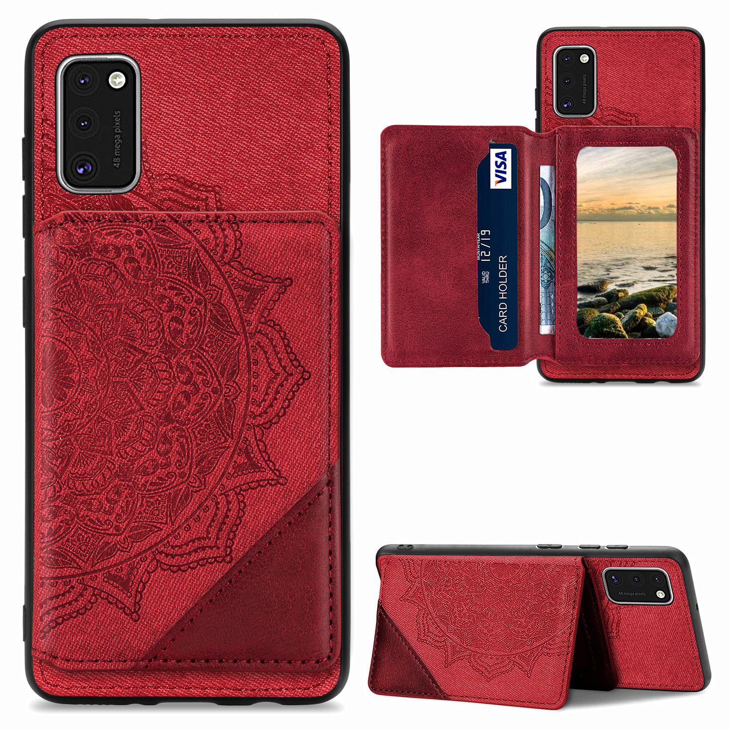 

Mandala Flower Pattern PU Leather+TPU Kickstand Wallet Phone Case for Samsung Galaxy A41 (Global Version) - Red, Galaxy A41 (Global Version)