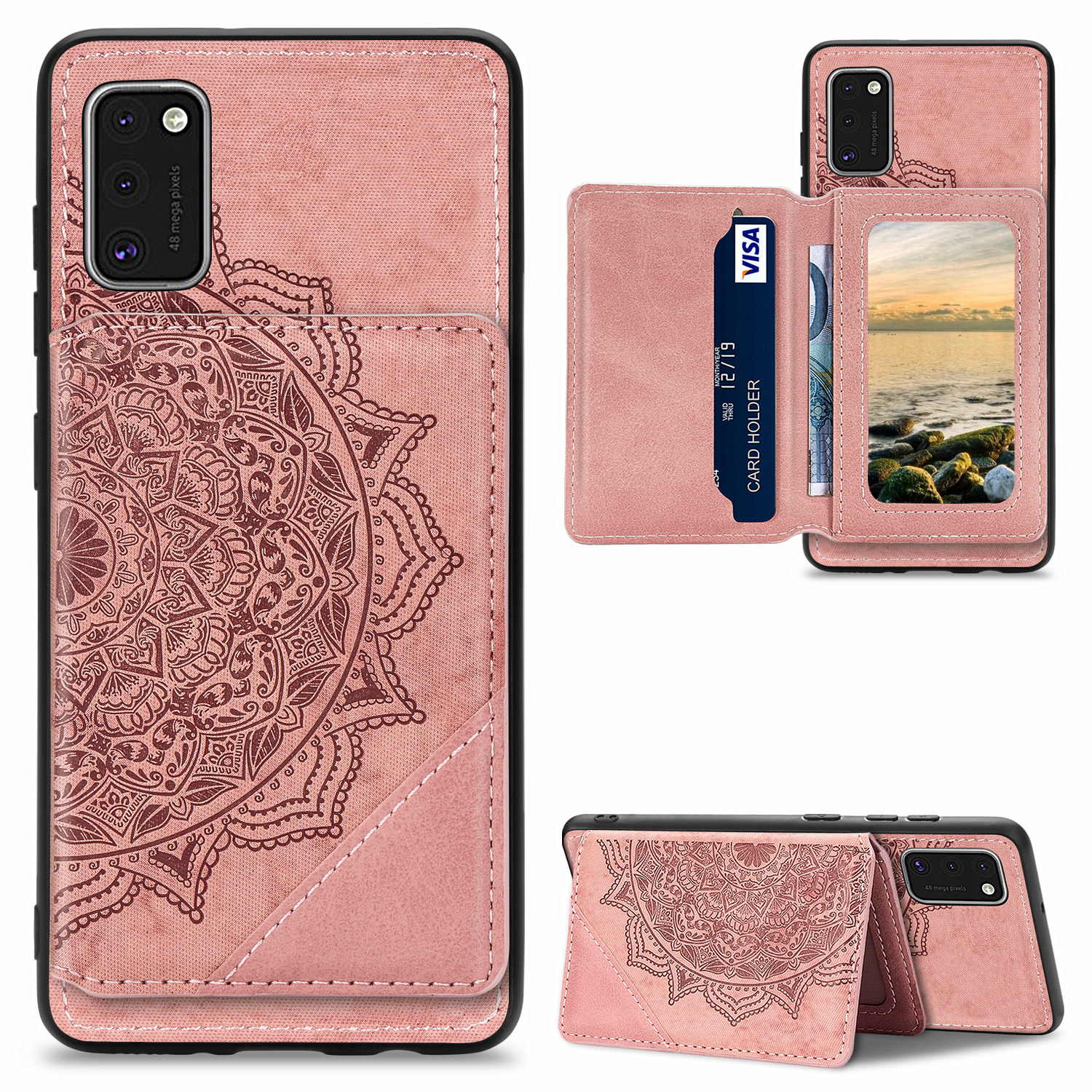

Мандала Цветочный Рисунок PU Кожа+tpu Kickstand Calefe Chore Для Samsung Galaxy A41 (глобальная Версия) - Розовый, Galaxy A41 (Global Version)