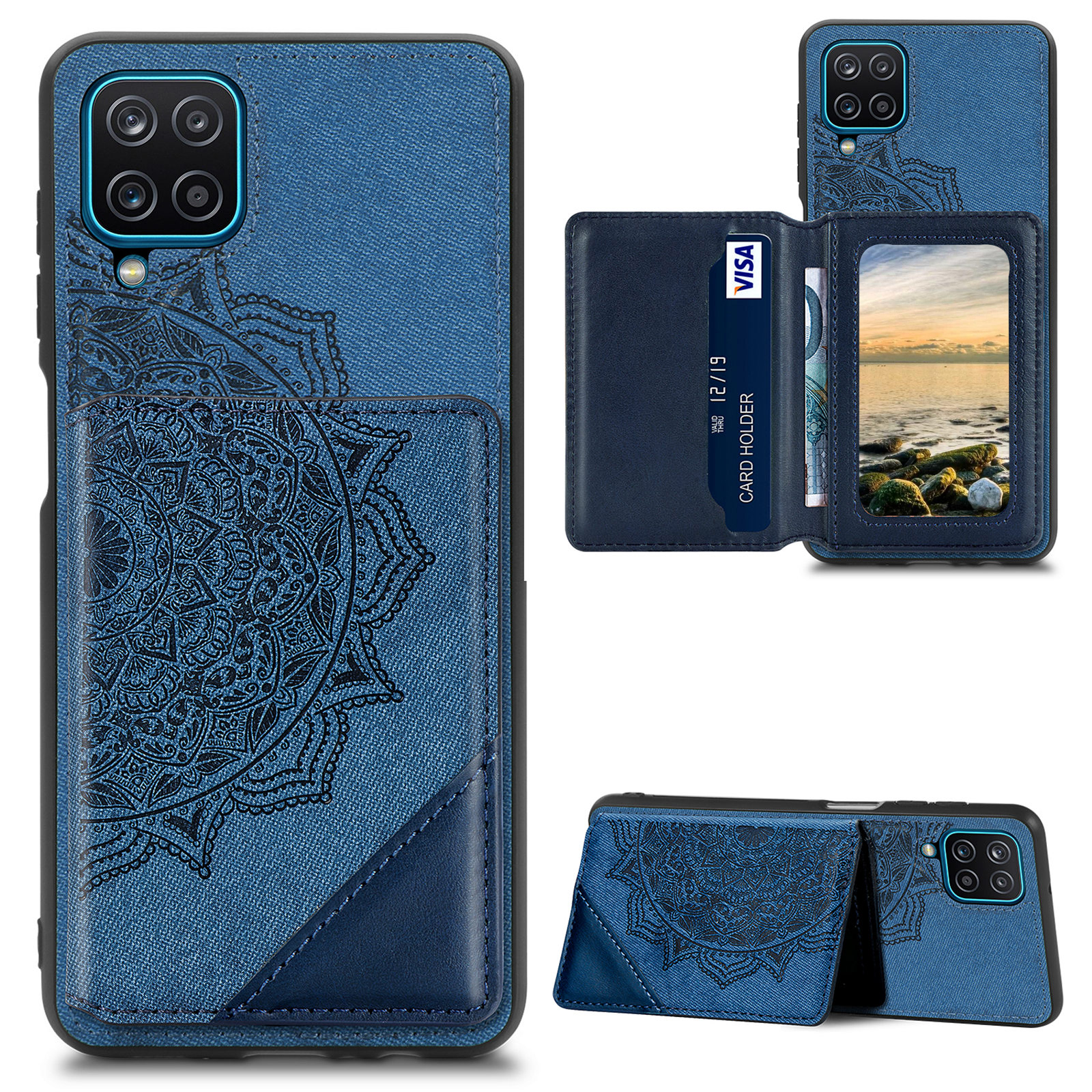 

Мандала Цветочный Рисунок PU Кожа+tpu Flip Wallet Case Для Samsung Galaxy A12 - Синий, Galaxy A12