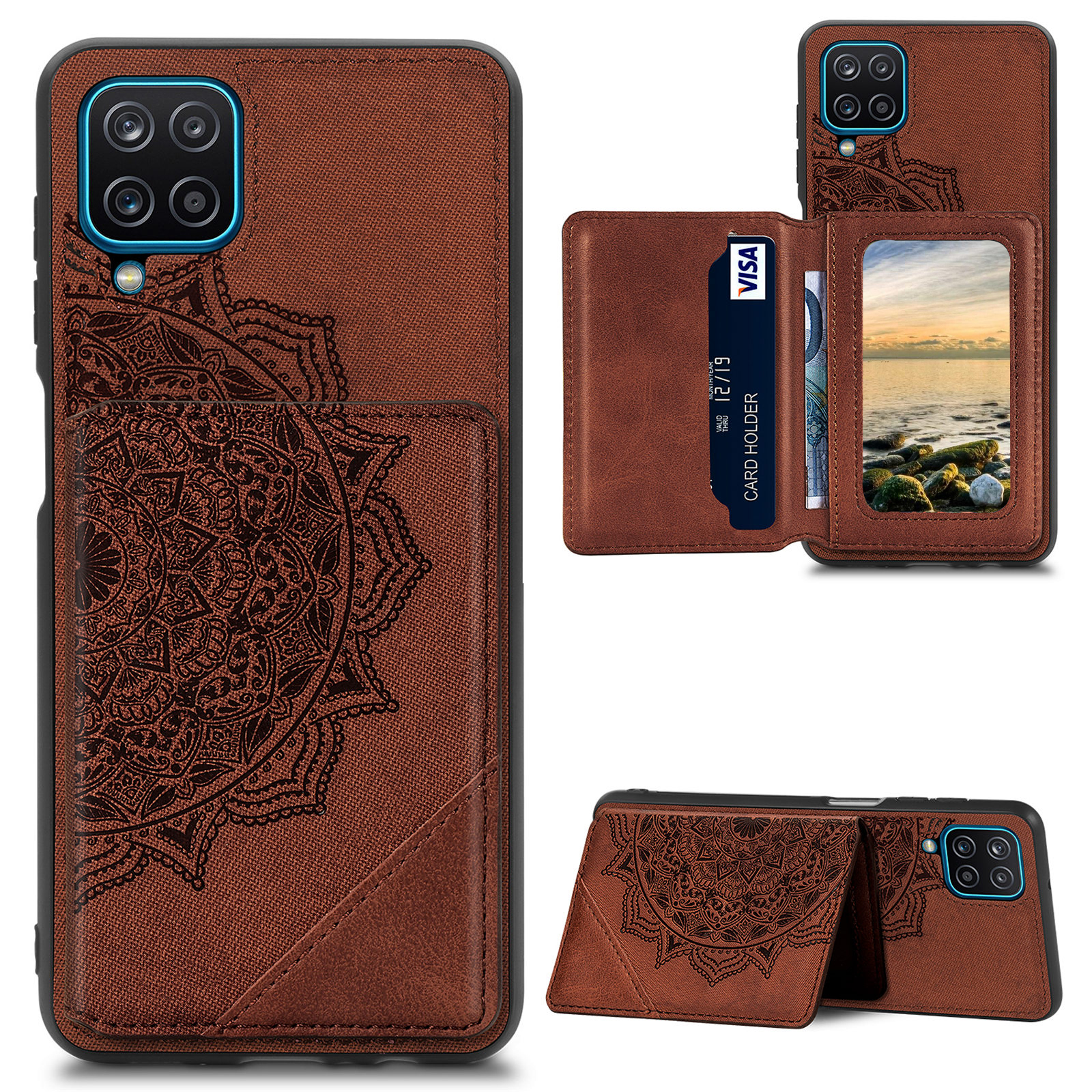 

Мандала Цветочный Рисунок PU Кожа+tpu Flip Wallet Case Для Samsung Galaxy A12 - Коричневый, Galaxy A12