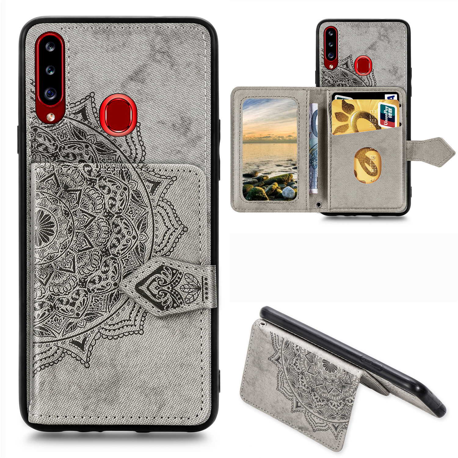 

Mandala Pattern Imprinting PU Leather Coated TPU Phone Wallet Case with Strap + Kickstand for Samsung Galaxy A20s - Grey, Galaxy A20s