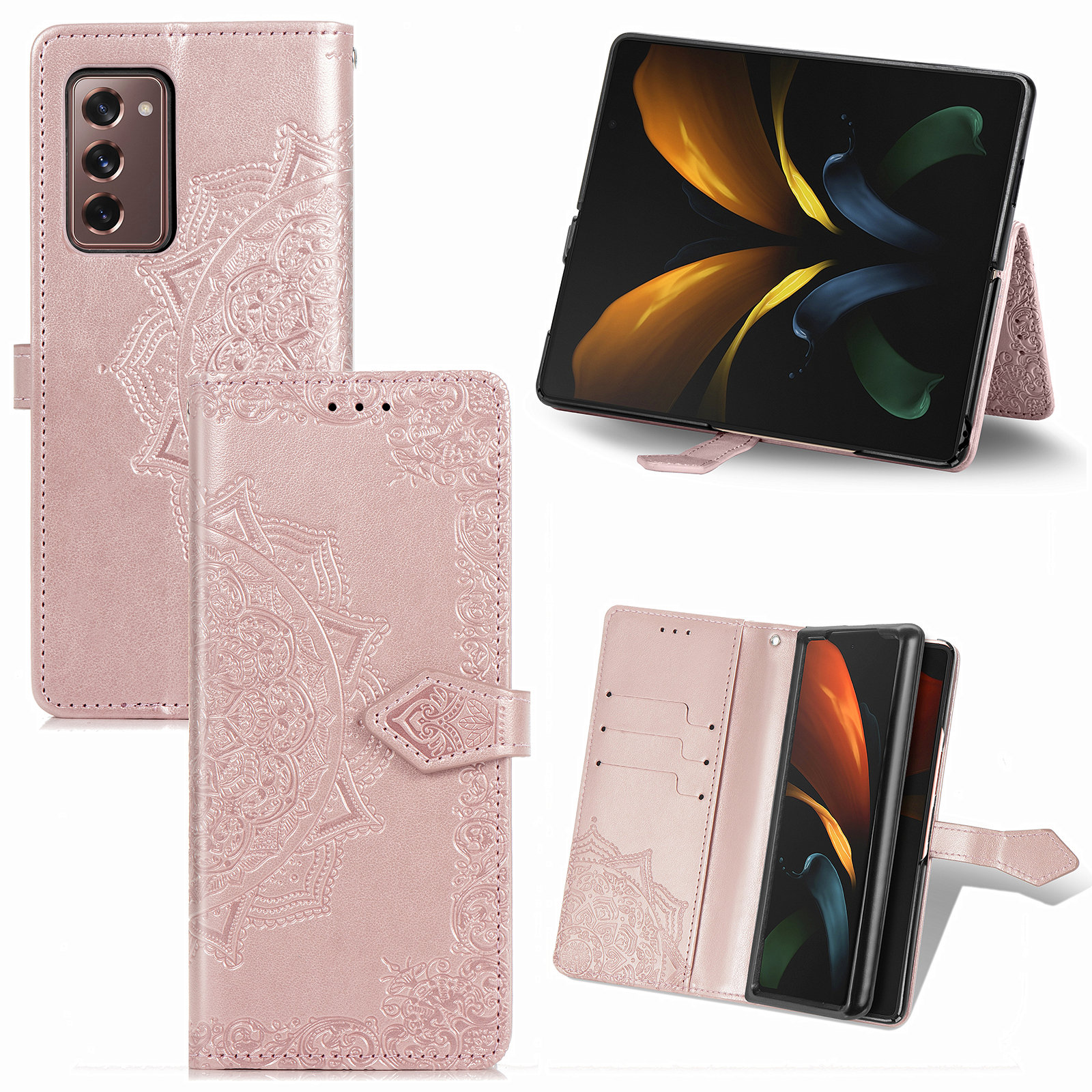 

Выблестроенная Мандала Цветок PU Кожаный Кошелек Для Samsung Galaxy Z Fold2 5G - Розовое Золото, Galaxy Z Fold2 5G