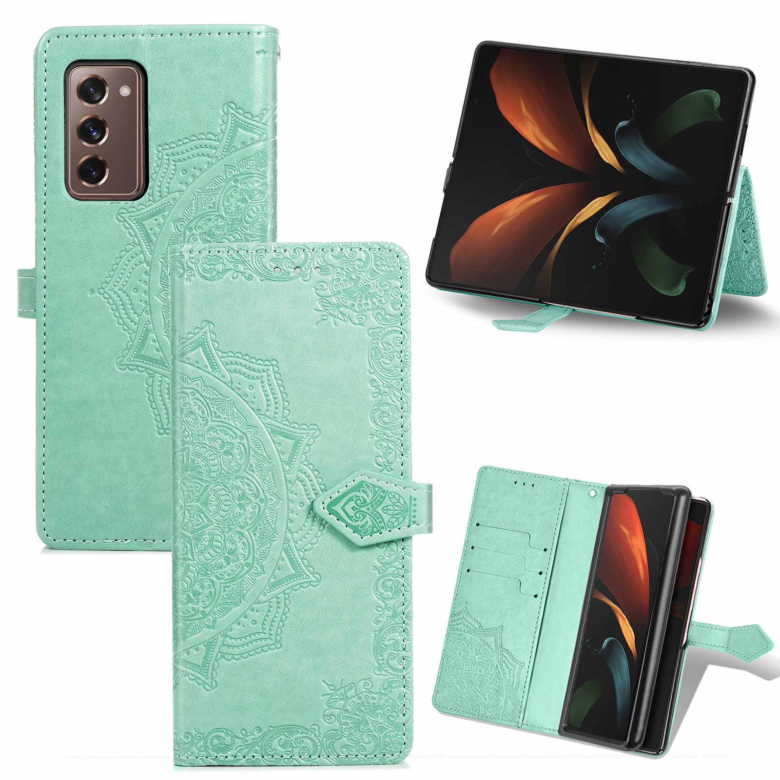 

Выблестроенная Мандала Цветок PU Кожаный Кошелек Для Samsung Galaxy Z Fold2 5G - Зеленый, Galaxy Z Fold2 5G
