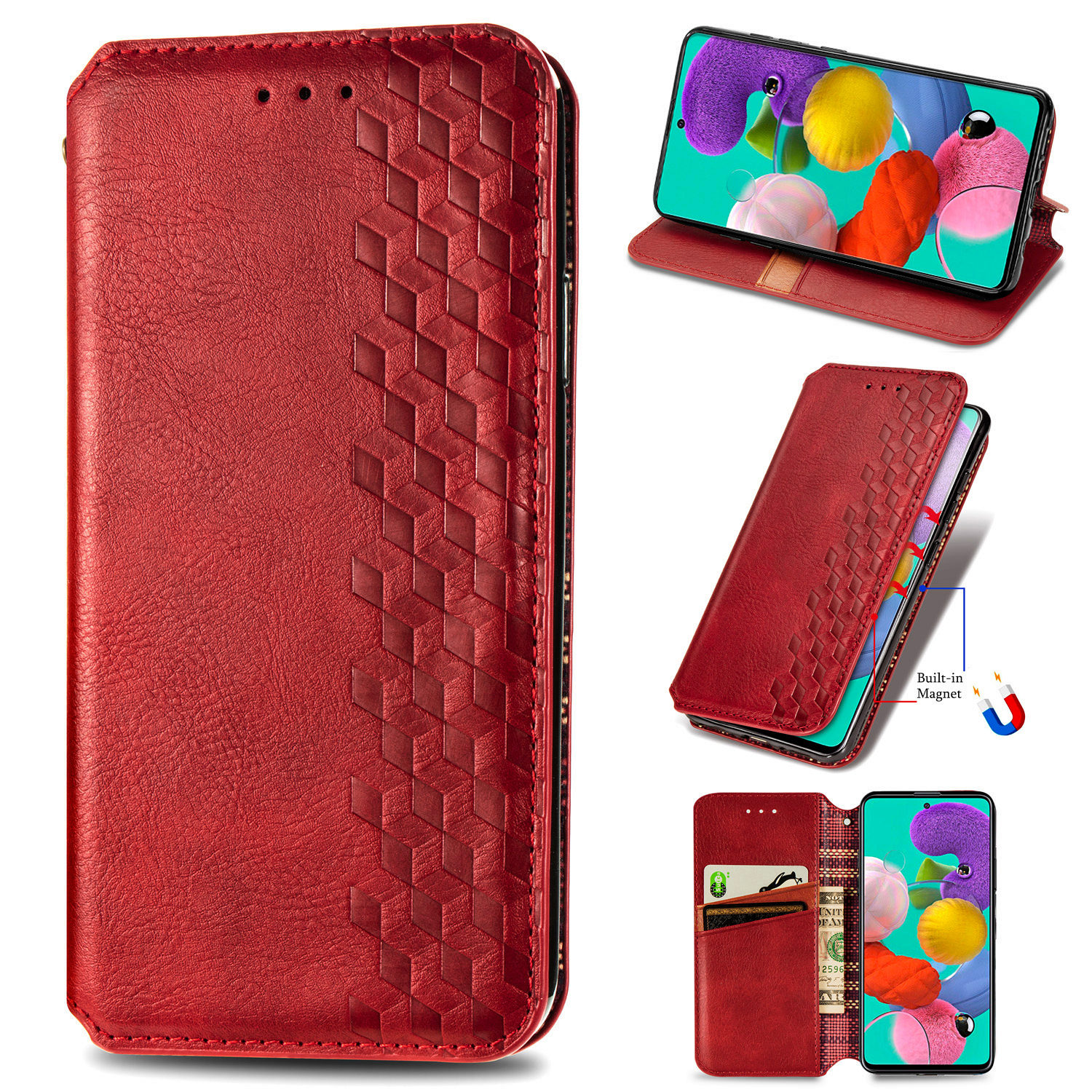 

Fashionable Auto-absorbed Rhombus Texture PU Leather Wallet Phone Cover for Samsung Galaxy A71 5G SM-A716 - Red, Galaxy A71 5G