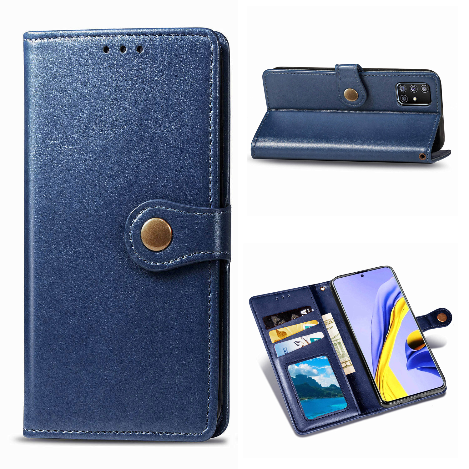 

Plain Leather Phone Case Shell with Wallet Stand Design for Samsung Galaxy A71 5G SM-A716 - Dark Blue, Galaxy A71 5G